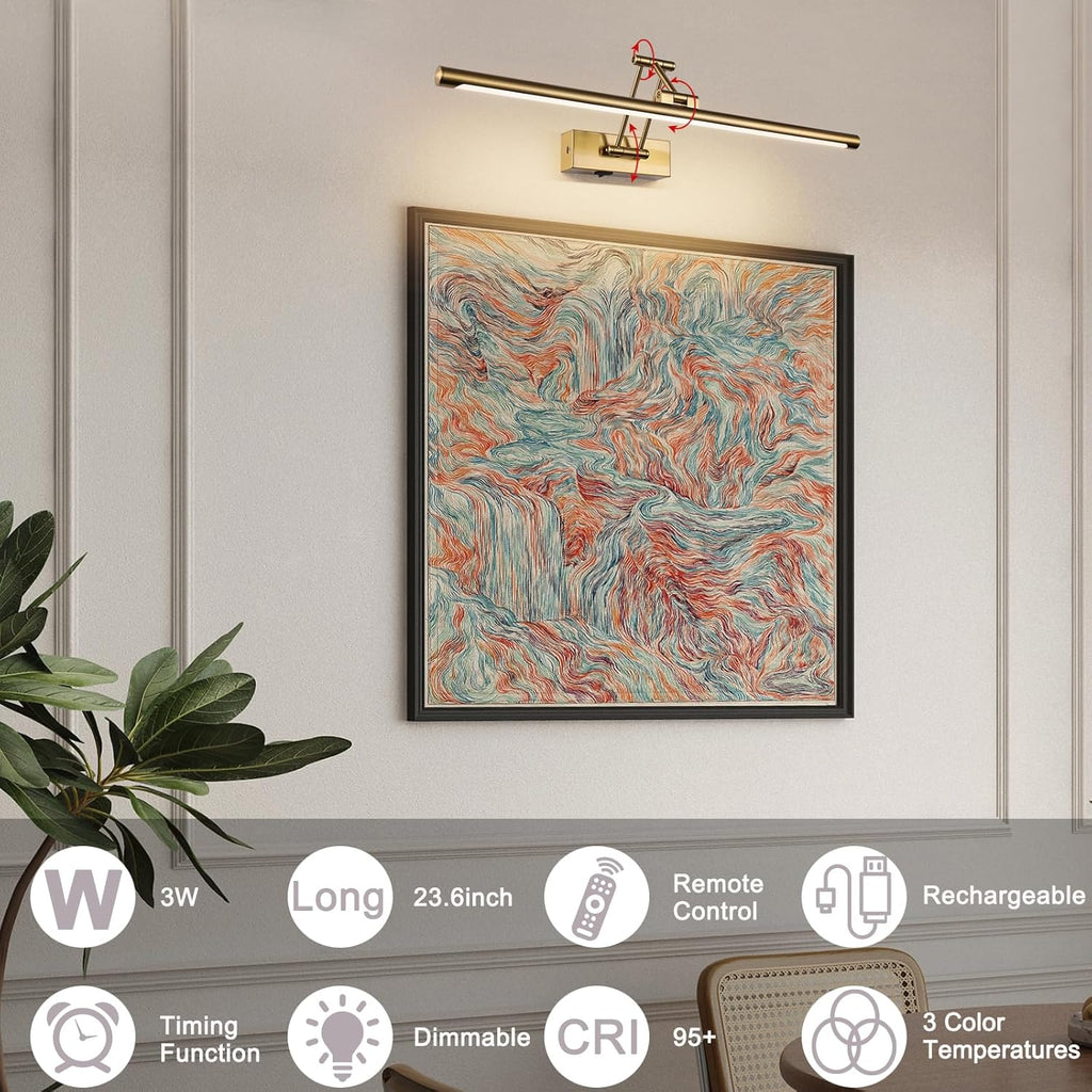 Picture Light Battery Operated with Remote LED Dimmable Picture Light for Paintings, Brass Rechargeable 24 inch Battery Operated Wall Sconce for Art Lighting Gallery Portrait Artwork
