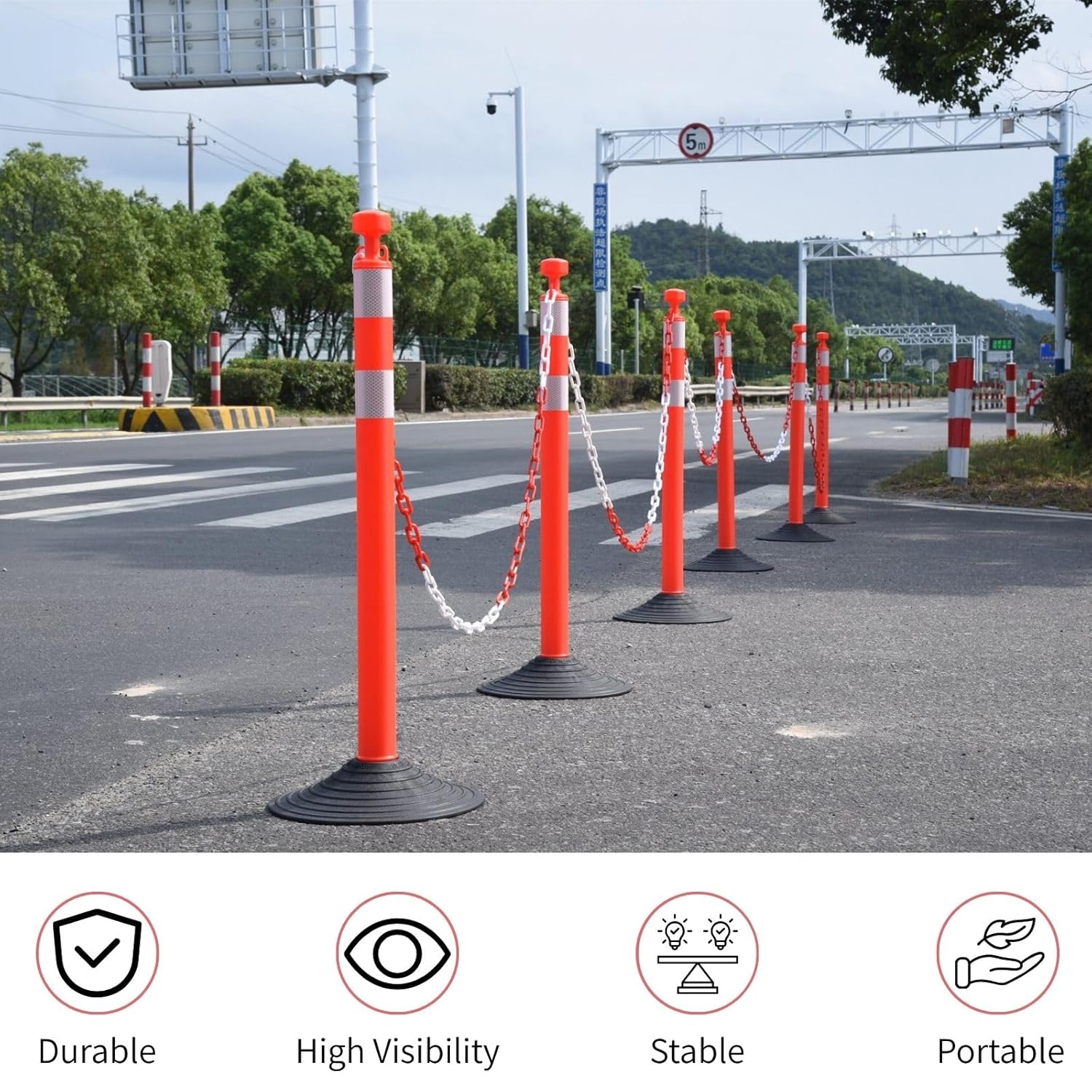 6 Pack Traffic Delineator Post Cones with Plastic Chain Crowd Control Barriers - Expandable 40" Traffic Control Cones, 6 x 6.6 Ft Chains for Indoor & Outdoor Use (Red-Water Filled Base)