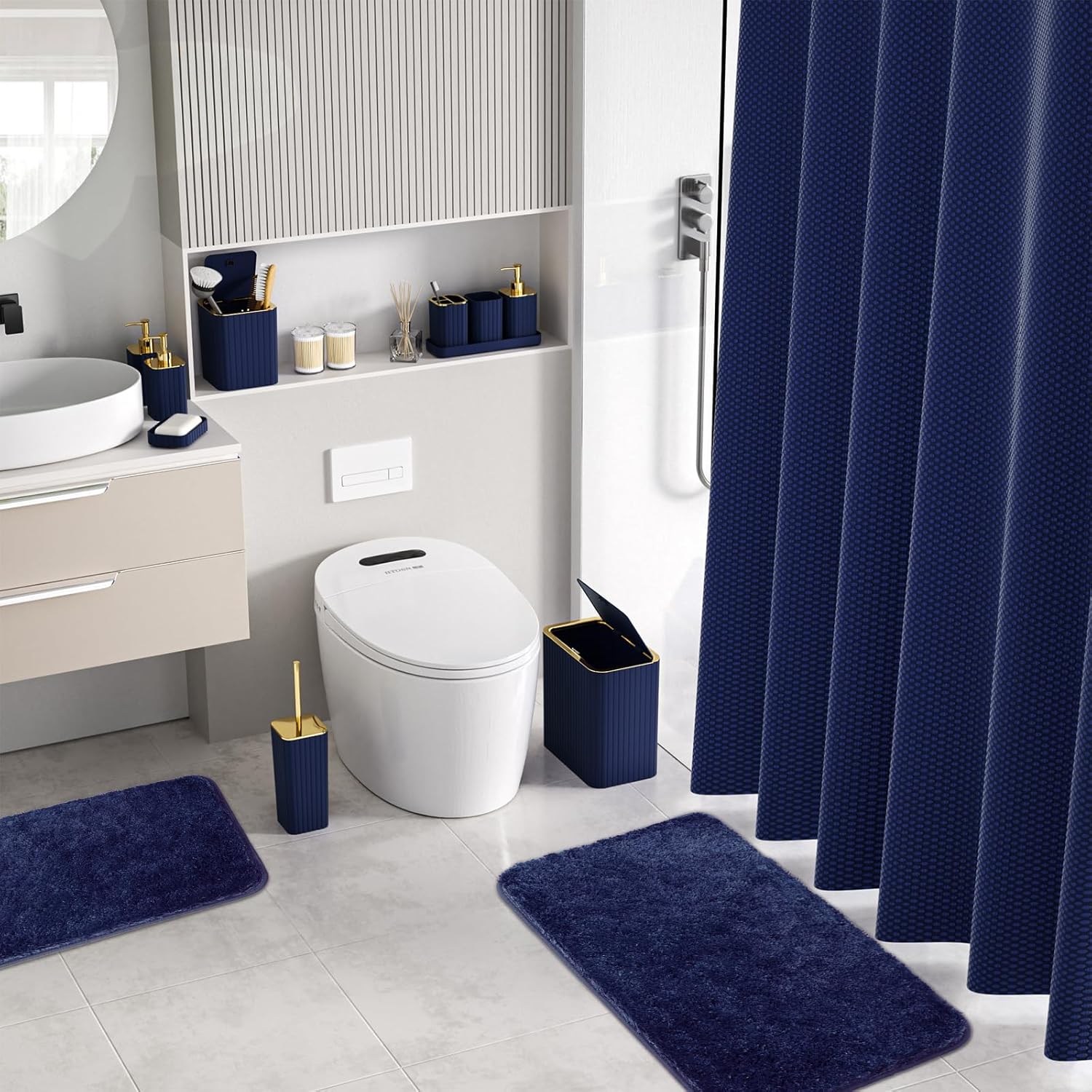 Bathroom Accessory Set - Bathroom Set, 27PC Bathroom Accessories Set, Navy Blue Bathroom Sets with Shower Curtain and Rugs, Mini Trash Can, Toilet Brush, Trash Can & Soap Dispenser