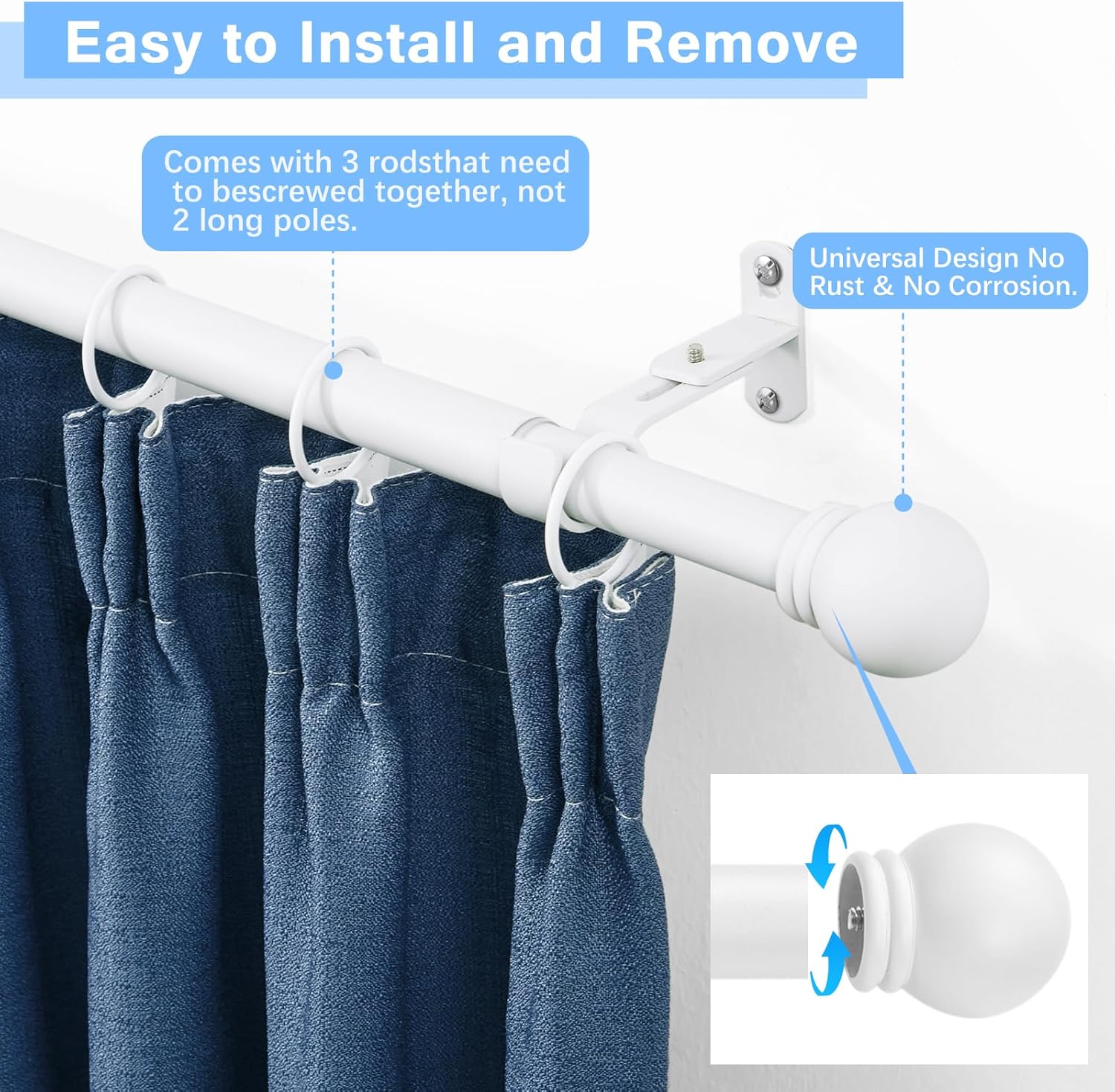 Curtain Rods for Windows 16 to 48 Inches, Curtain Rod Max Adjustable Length of 60 IN, 6/8" Diameter Drapery Rods Round Finials, White, Pack of 2
