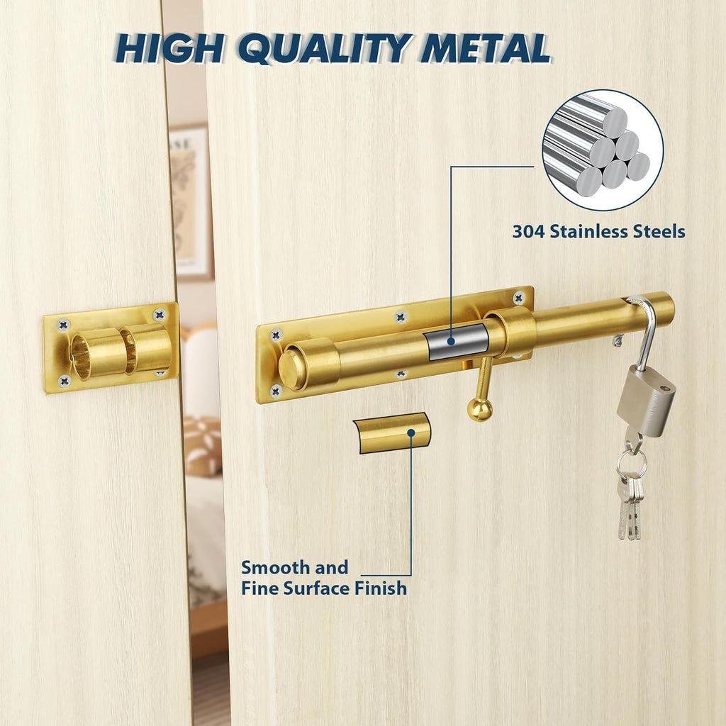 Alise 10 inch Barrel Bolt Latch,Slide Bolt Latch,Heavy Duty Solid SUS304 Stainless Steel Slide Lock for Wooden Fence,Barn Door,Interior or Outdoor Door Gold MS9200-G