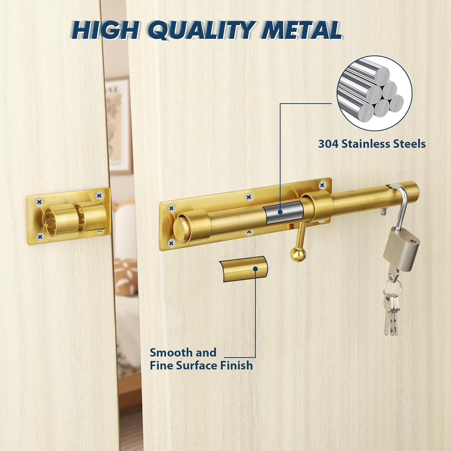 Alise 10 inch Barrel Bolt Latch,Slide Bolt Latch,Heavy Duty Solid SUS304 Stainless Steel Slide Lock for Wooden Fence,Barn Door,Interior or Outdoor Door Gold MS9200-G