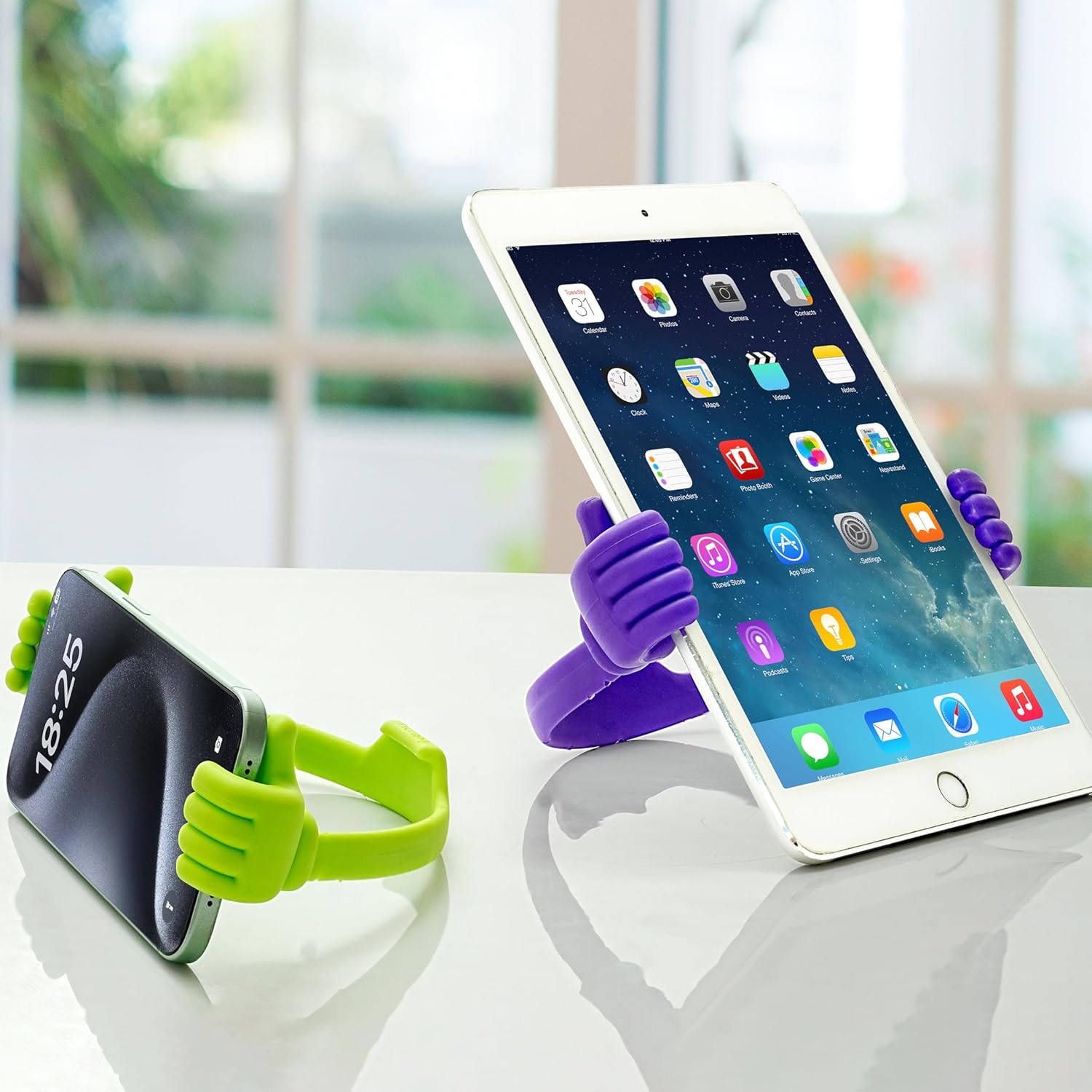 HONSKY Thumbs-Up Phone Stand for Tablets, E-Readers and Smart Phones – Green/Purple – 2 Count