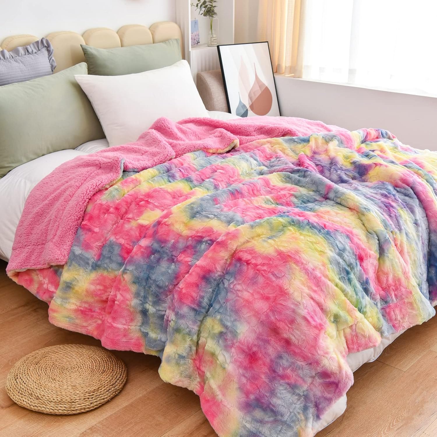 NEWCOSPLAY Super Soft Faux Fur Blanket Queen Size Dark Rainbow Sherpa Fuzzy Plush Warm Blanket for Sofa Bed (Dark Rainbow, Queen(90"x90"))