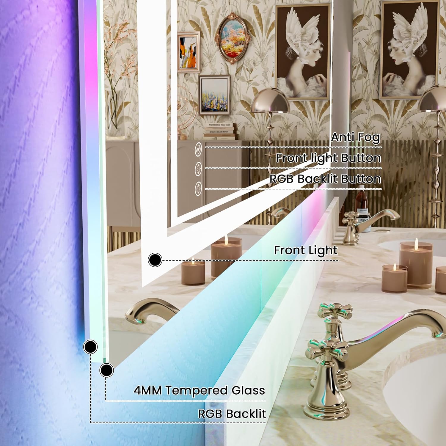 84x32 Inch LED Bathroom Mirror with Lights, Color Changing RGB Backlit Mirror,Large Lighted Vanity Mirrors for Bathroom Wall, Dimmable, Anti-Fog (RGB Backlit+Front-Lit)