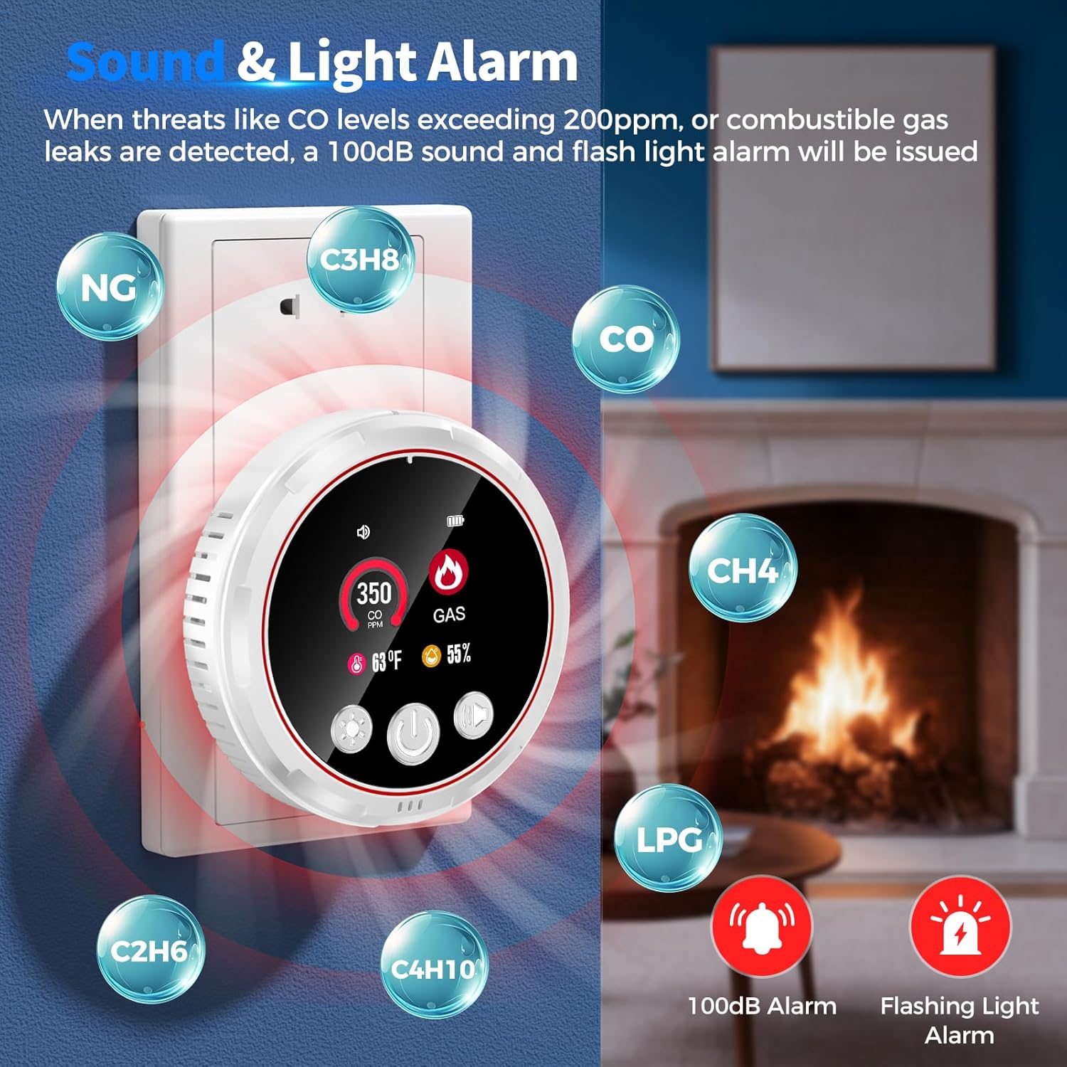 4 in 1 Carbon Monoxide Detectors Plug in, CO Detector & Natural Gas Detector with Battery Backup, HD Digital Display Monitors CO, Combustible Gas, Temp, Humidity - Home Safety for House, RV, Apartment