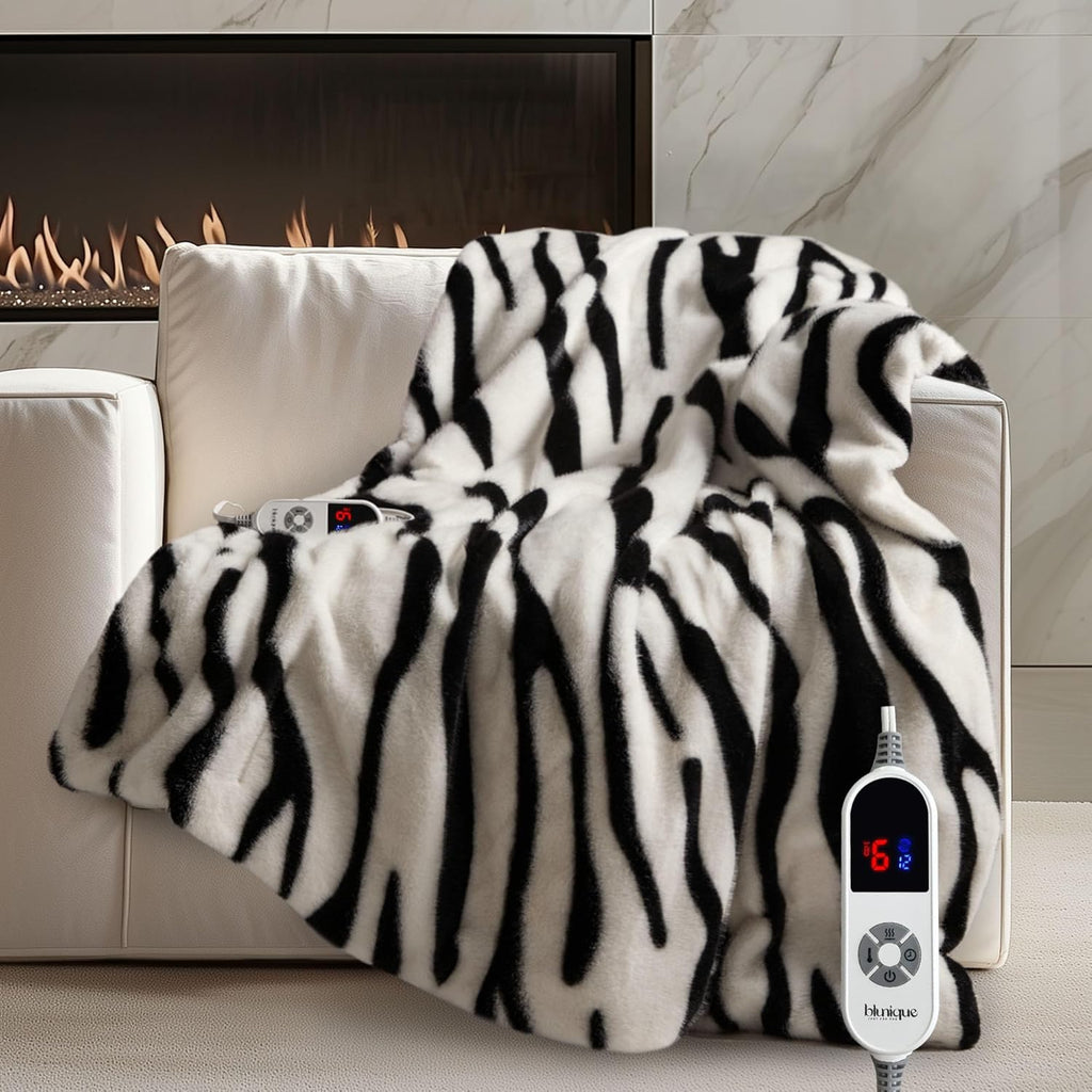 Luxury Faux Fur Heated Blanket Electric Throw - Zebra Print Ultra Soft Thick Warm Heated Blanket, 6 Heating Levels & 12 Hours Auto-Off, ETL Certified, Washable, Luxurious Gifts, 50''x60''