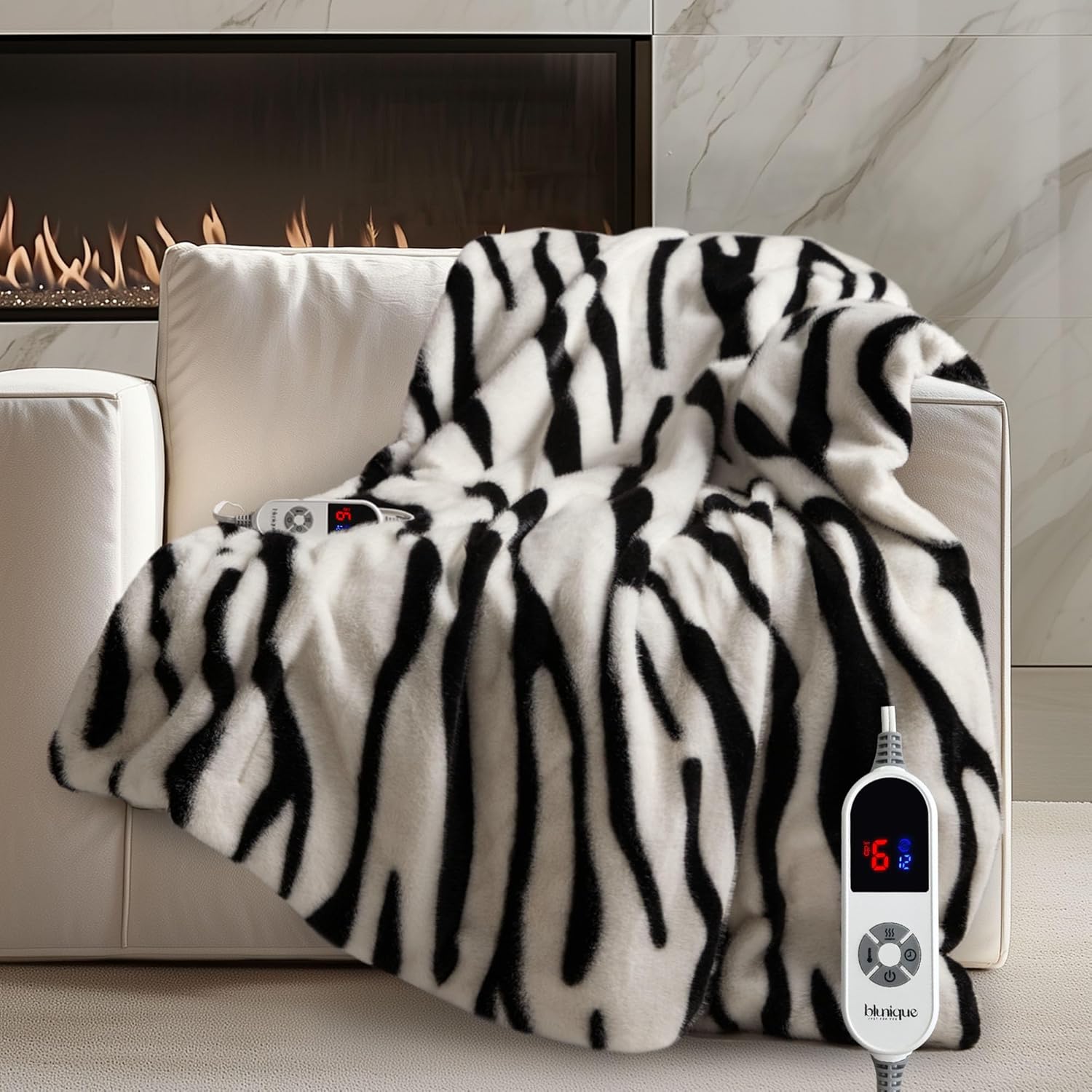 Luxury Faux Fur Heated Blanket Electric Throw - Zebra Print Ultra Soft Thick Warm Heated Blanket, 6 Heating Levels & 12 Hours Auto-Off, ETL Certified, Washable, Luxurious Gifts, 50''x60''