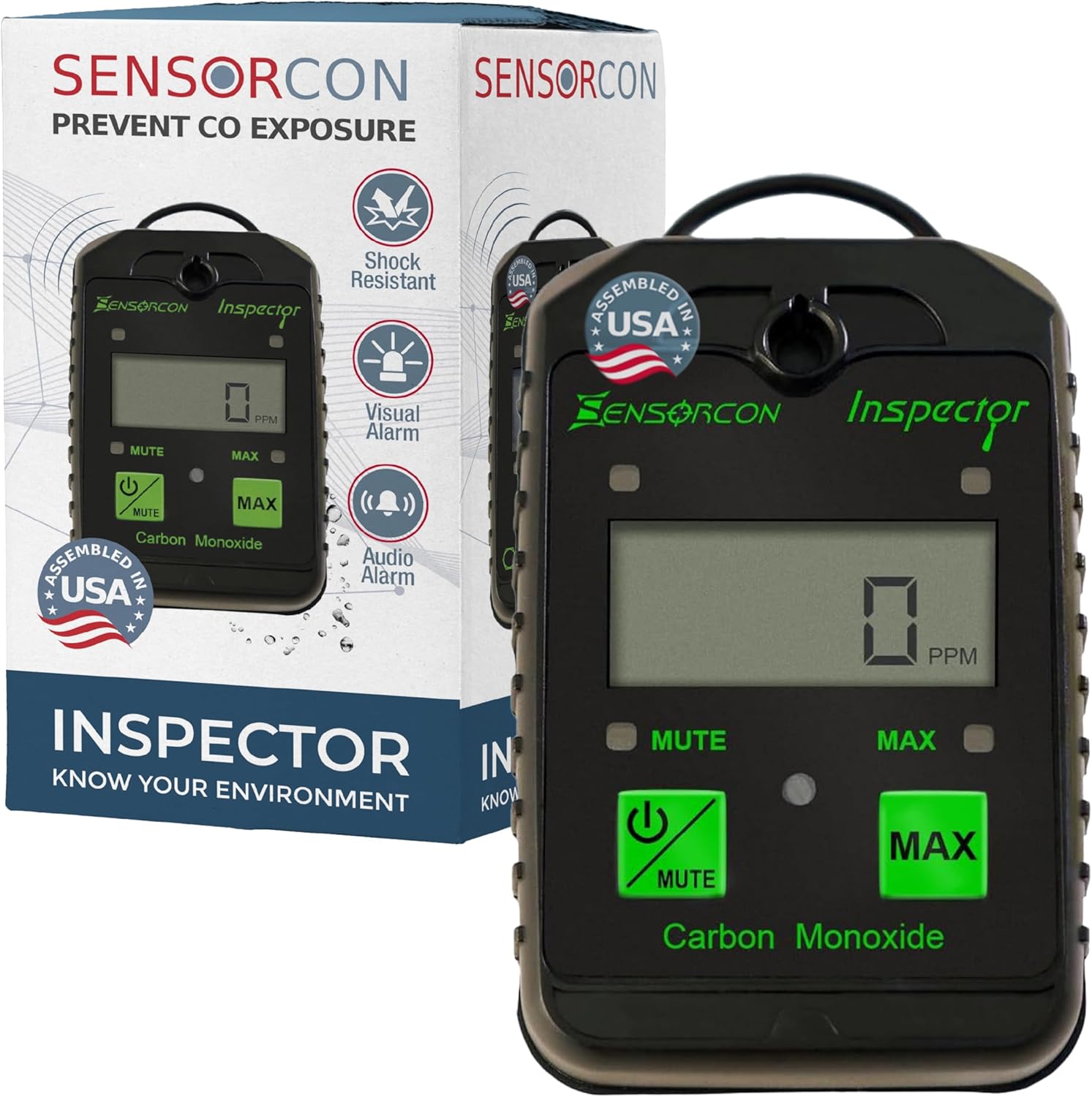 Inspector Portable Carbon Monoxide Detector with Visual and Audio Alarms – Waterproof Digital CO Detector for Personal, Ambient, and Combustion Monitoring