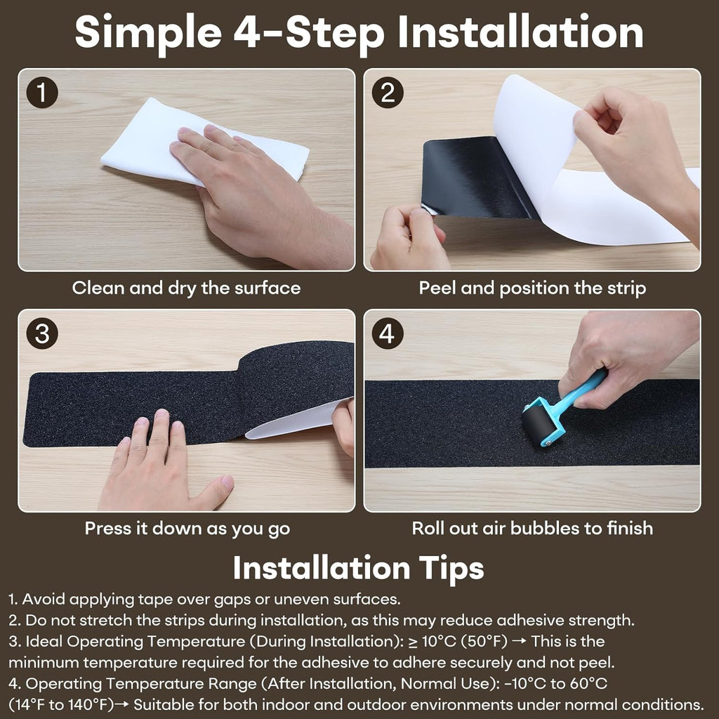 Non Slip Tape 6 inch X 30 inch (10-Pack) - Outdoor Waterproof Non Skid Tape, Stair Treads Anti Slip Tape for Step, Deck, Pre-Cut Anti Slip Tape, Black with Roller