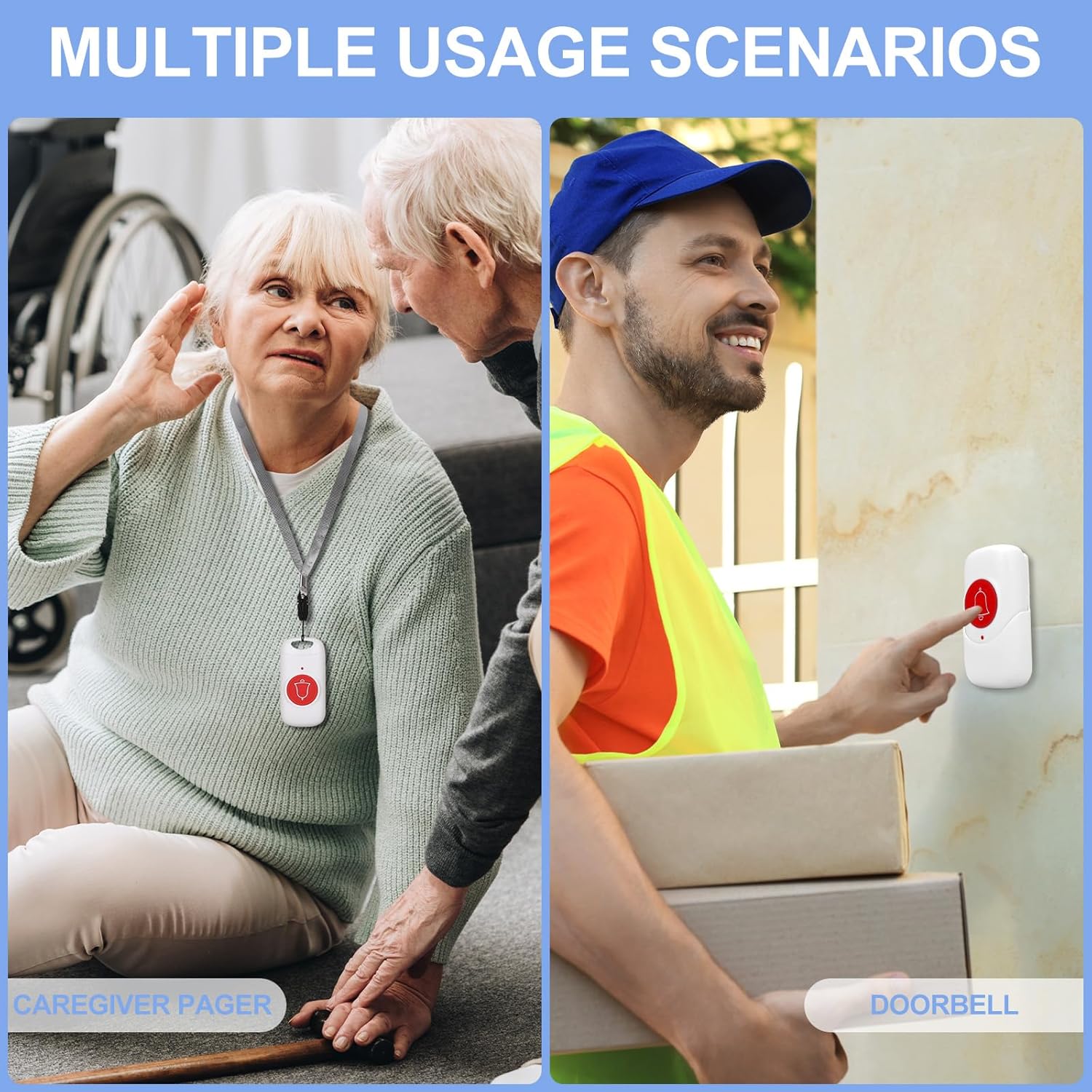 Caregiver Pager, Rechargable Wireless Call Button 2000+ Feet, 5 Alert Modes, 58 Melodies, SOS Alert Nurse Calling System for Patien Elderly Monitoring at Home, 2 SOS Button + 1 Receiver