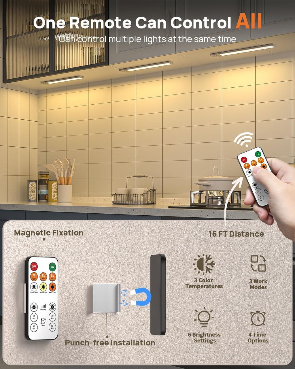 16in Under Cabinet Lighting with Remote, 160 LED Motion Sensor Light Indoor, 4000mAh USB Rechargeable Closet Lights, 3 Color Temps Wireless Under Counter Lights for Kitchen, Pantry, Stair, 2 Pack