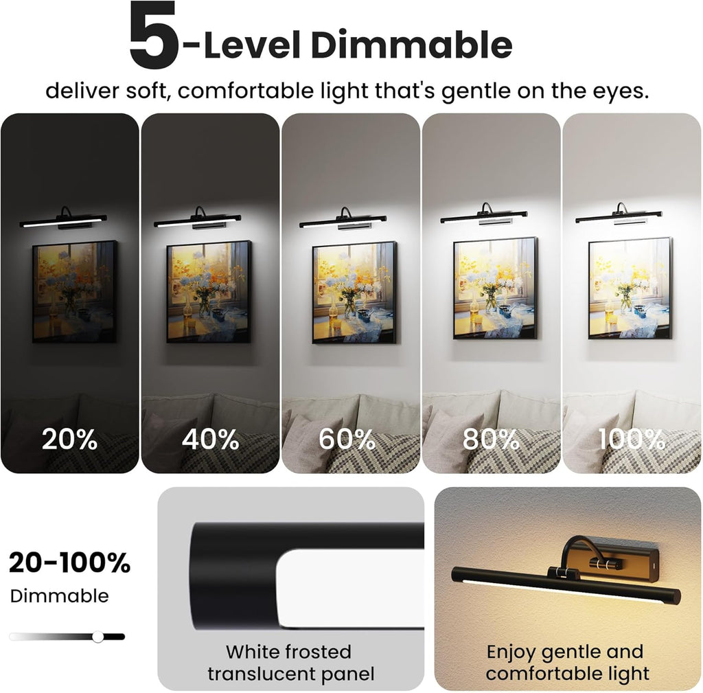 16" Picture Light with 6000mAh Battery - Black Operated Wireless Wall Sconce with Remote & Timer for Paintings, Photos & Frames