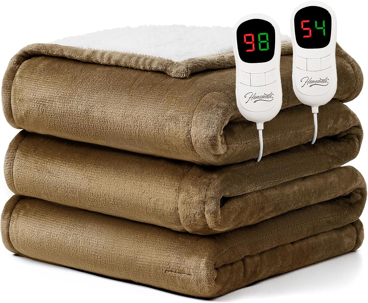 Homemate Electric Heated Blanket King Size - 100"x90" Heating Blanket King Size Dual Control 1/2/4/6/8 Hours Auto-Off 10 Heat Level Over-Heat Protection Flannel Sherpa ETL Certification