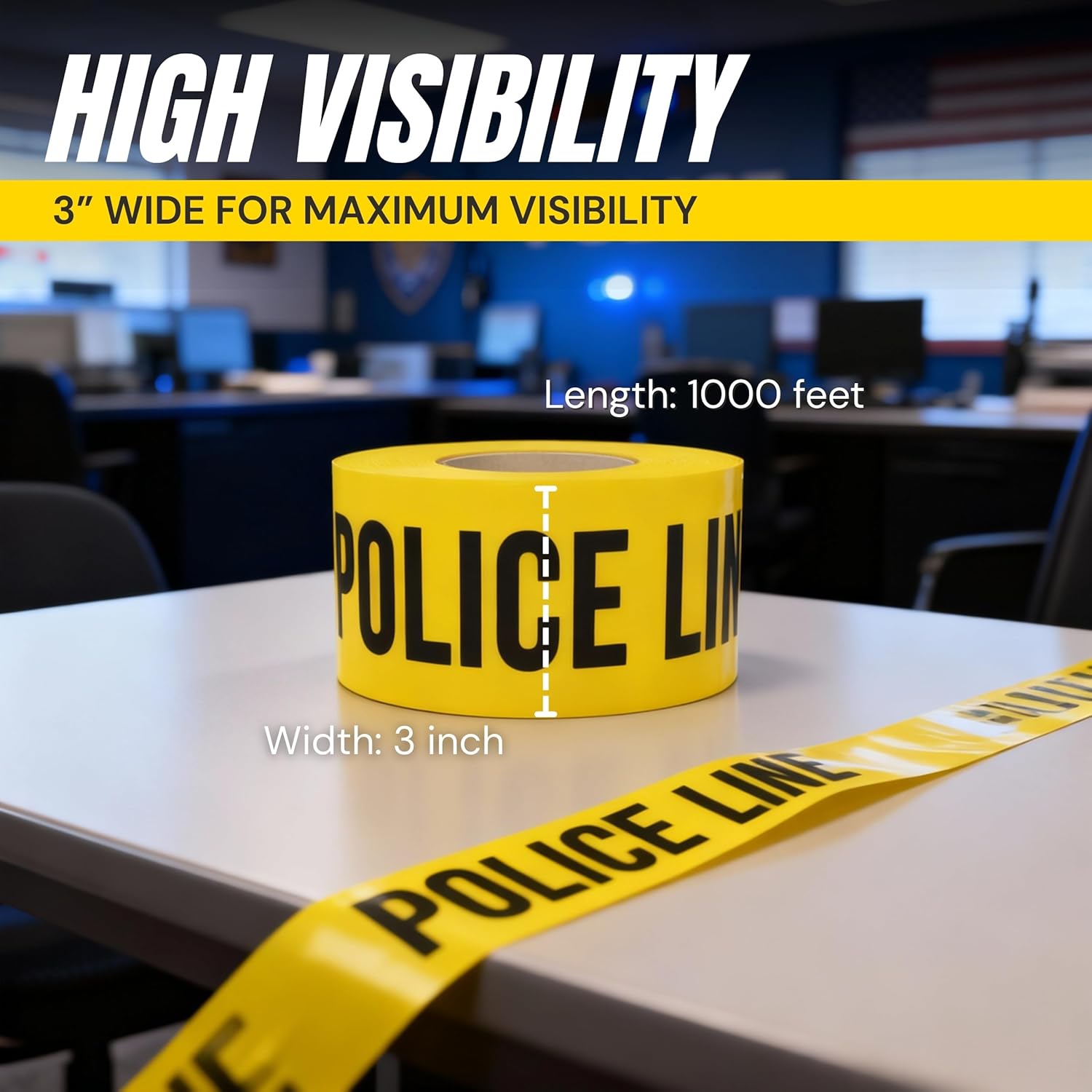 Police Line Do Not Cross Tape 2 Pack 3 inch X 1000 feet • Bright Yellow with a Bold Black Print • 3 in. Wide for Maximum Readability • Tear Resistant