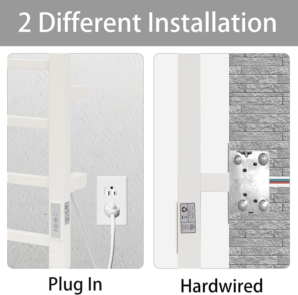 KEG Towel Warmer 4 Bars for Bathroom Wall Mounted Bath Towel Heater Hardwired and Plug-in with Built-in Timer White Square white TW-4s-W Towel warmer 4 bars white