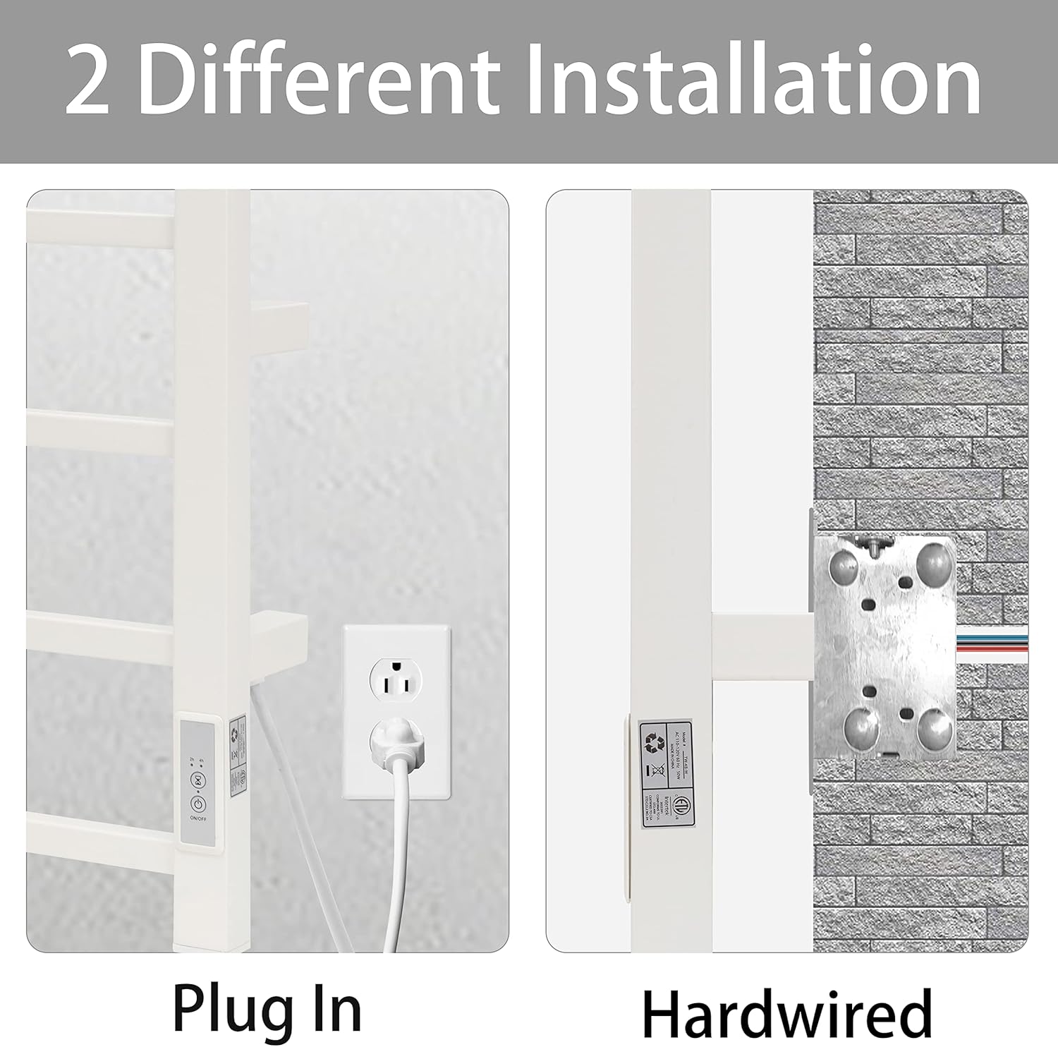 KEG Towel Warmer 4 Bars for Bathroom Wall Mounted Bath Towel Heater Hardwired and Plug-in with Built-in Timer White Square white TW-4s-W Towel warmer 4 bars white