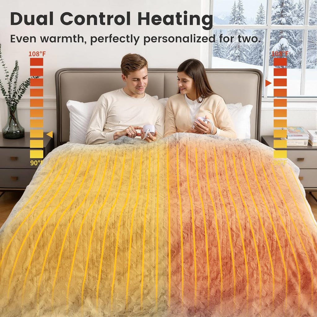 WOOMER Heated Blanket King Size 100" x 90", Electric Blanket with Dual Controllers, 0.5-12 Hours Timer & 10 Heating Levels, ETL Certified, Marble Blue Double-Sided Faux Fur, Machine Washable