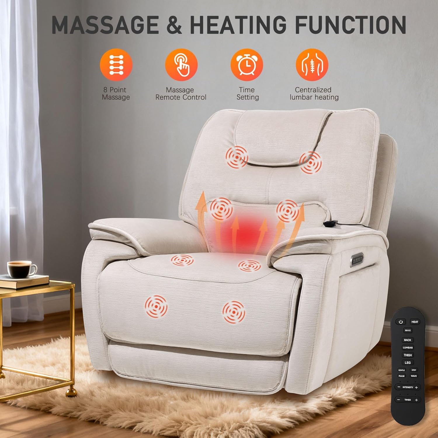 EONIX Triple Motor Lay Flat Zero Gravity Power Recliner Chair with Heat and Massage, Independent Adjustable Backrest Footrest Headrest, 400lbs Heavy Duty Medium Size, Stylish Chenille, Cream White