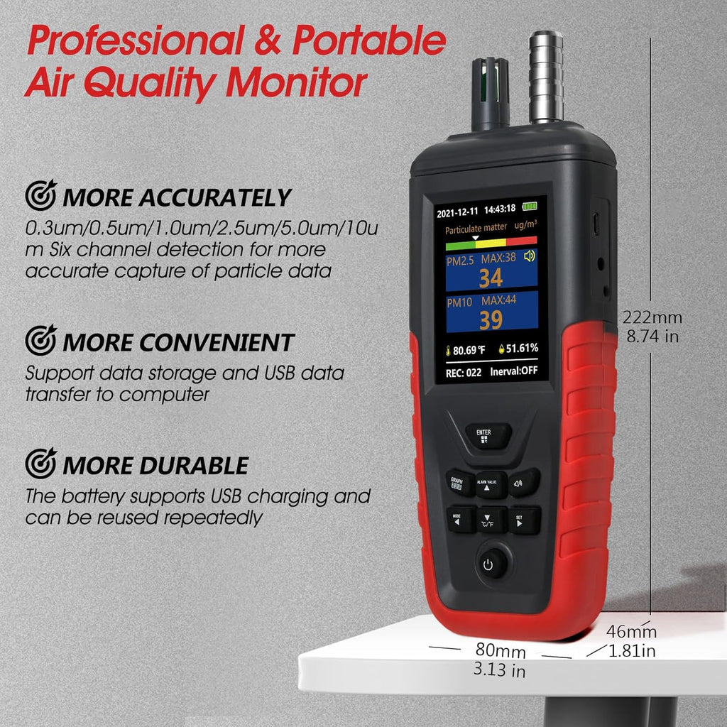 Air Quality Monitor Dust Particle Counter Indoor, Home Air Quality Sensitivity Test 6-Channel Pm0.3/0.5/1.0/2.5/5/10 Um Tester with Temperature/Humidity Monitor/USB Recharge Data Transfer/Storage