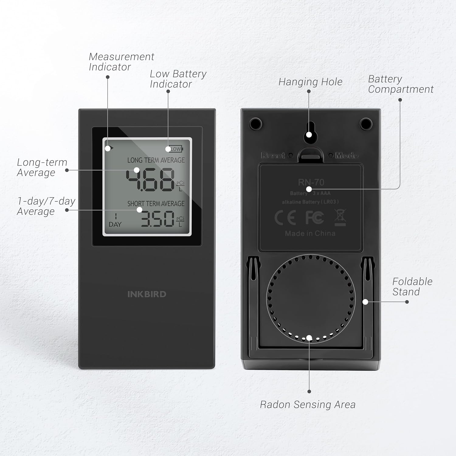 INKBIRD Radon Detector for Home | Radon Tester with Short & Long Term Monitoring | 3 AAA Battery Operated | USA Version Pci/L