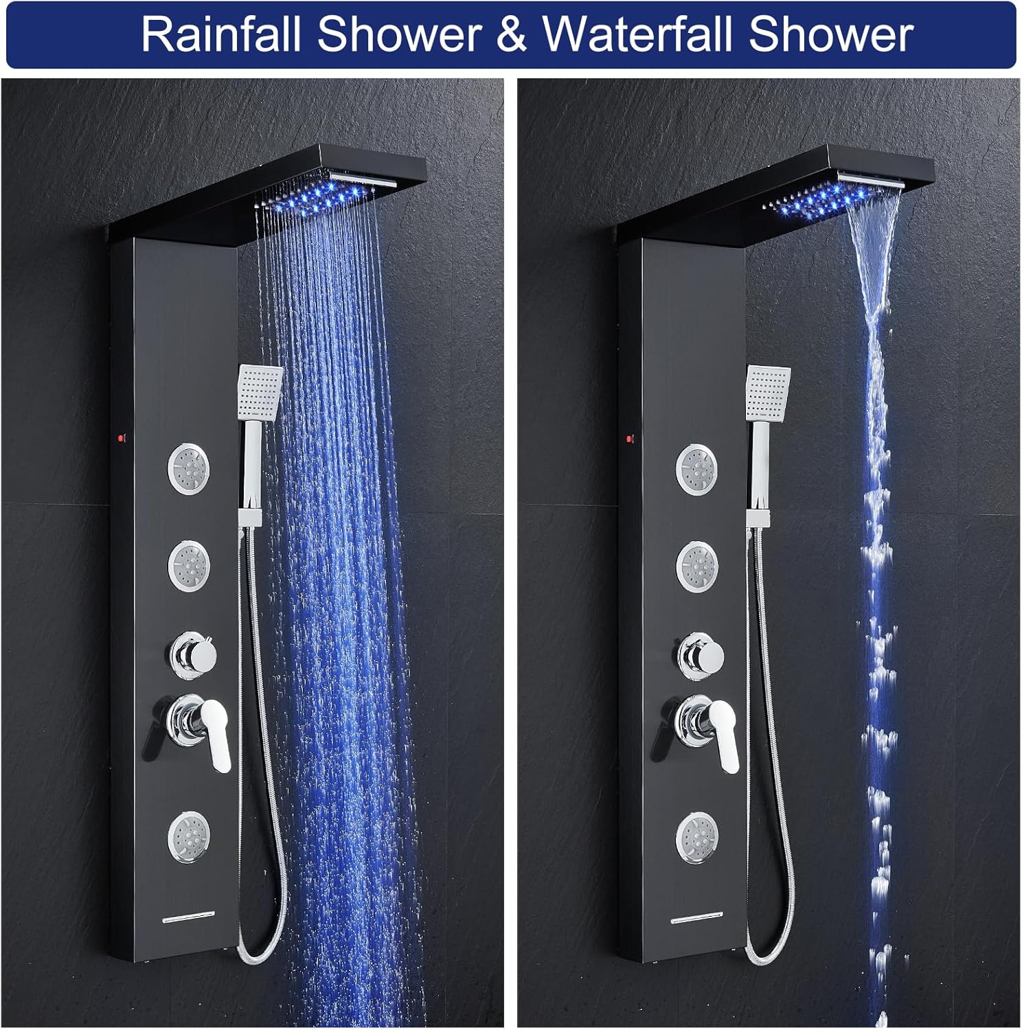 ROVATE LED Shower Panel Tower System with Rainfall Waterfall Shower, Black Shower Tower with Jets and Rainfall and Handheld, 5 in 1 Stainless Steel Shower Column High Pressure with Tub Spout