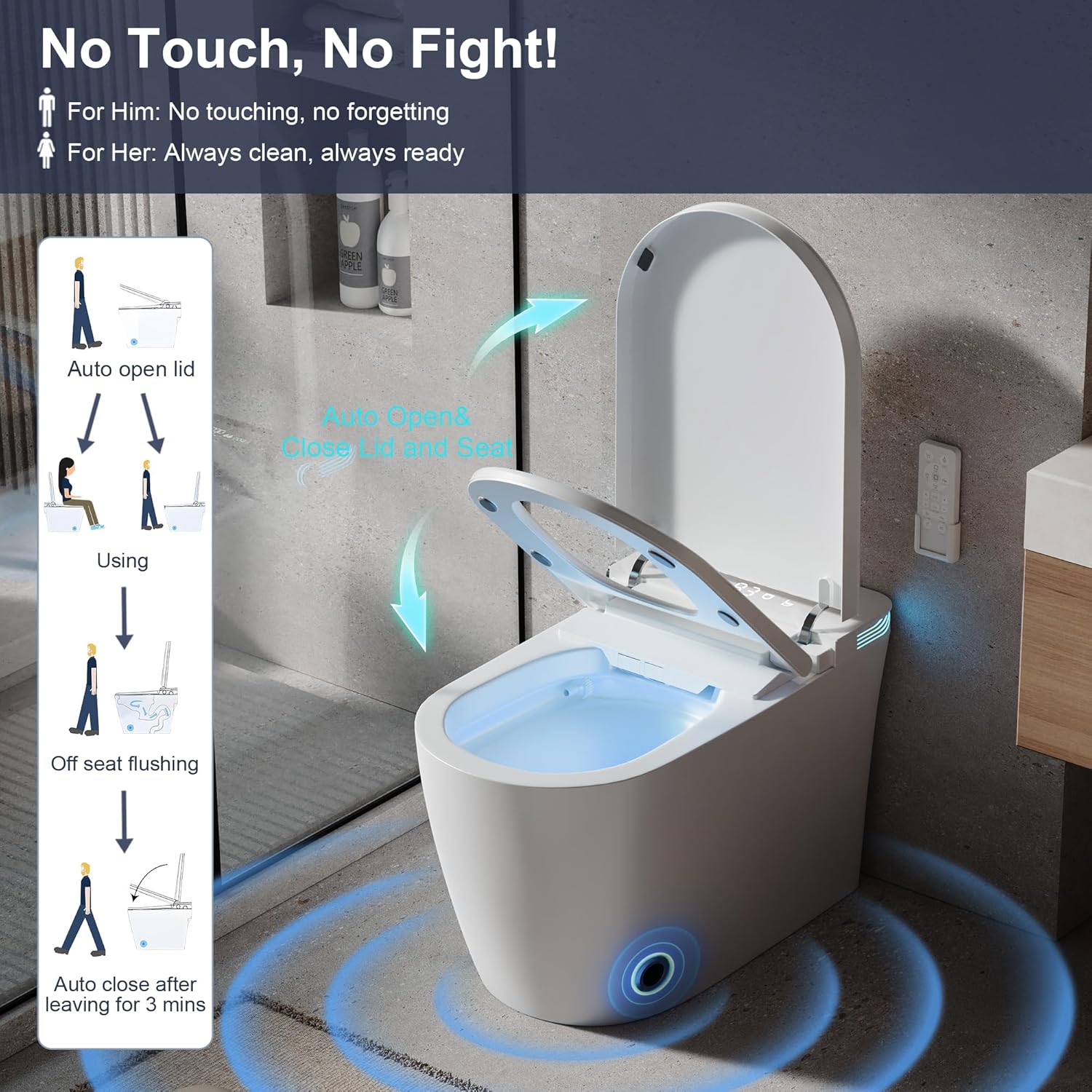 Smart Toilet with Bidet Built in, Bidet Toilet with Heated Seat and Night Light,Warm Water Wash&Dry, Modern Tankless Toilet for Bathroom, One Piece Toilets with Soft Close, Foot Sensor, Auto Lid&Seat