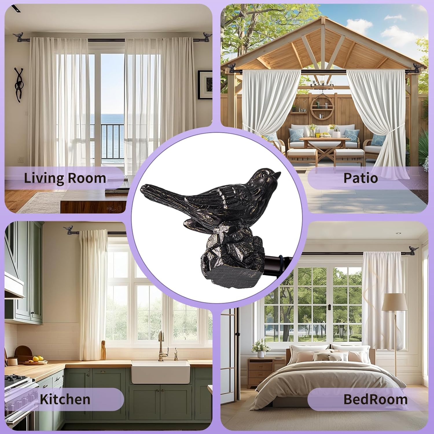 Curtain Rod 36 to 168 Inches Vintage Oil Bronze Curtain Rods for Windows Adjustable Drapery Rod with Bird Finials Heavy Duty Window Brown Curtains Rods for Living Room Bedroom