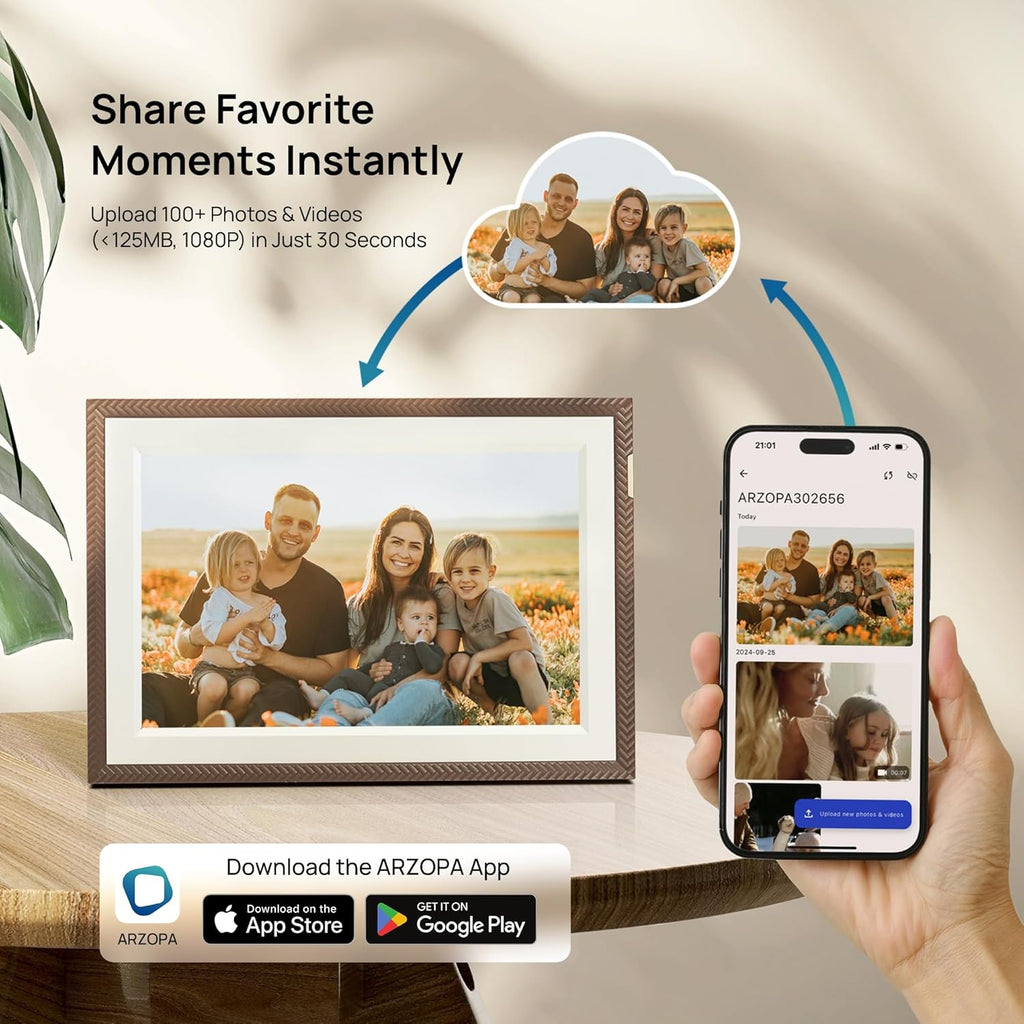 ARZOPA 10.1" WiFi Digital Picture Frame 32GB HD IPS Anti-Glare Touch Screen Digital Photo Frame, Wall Mountable, Auto-Rotate, Easy Sharing Photos Videos &Custom Gifting via Free ARZOPA APP - D10 Brown