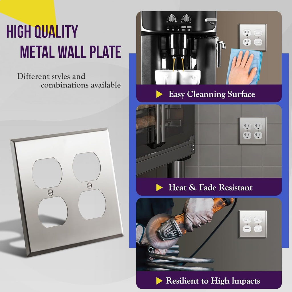 ENERLITES Double Duplex Receptacle Metal Wall Plate, Stainless Steel Outlet Cover, Corrosion Resistant, Size 2-Gang 4.50" x 4.57", Stainless Steel 201, 7722-PC, Polished Chrome, Silver