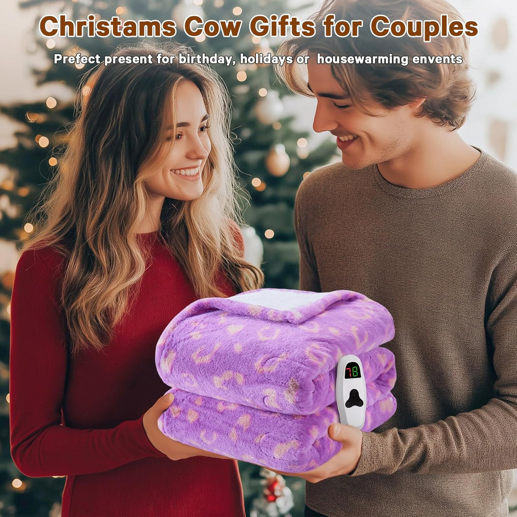 Leopard Print Electric Heated Blanket Queen Size,84X90 Purple Heating Blanket Queen with Dual Control&Timer&10 Heat Levels,Cute Leopard Fleece Sherpa Blankets Warmer Gifts for Bed Women Adults