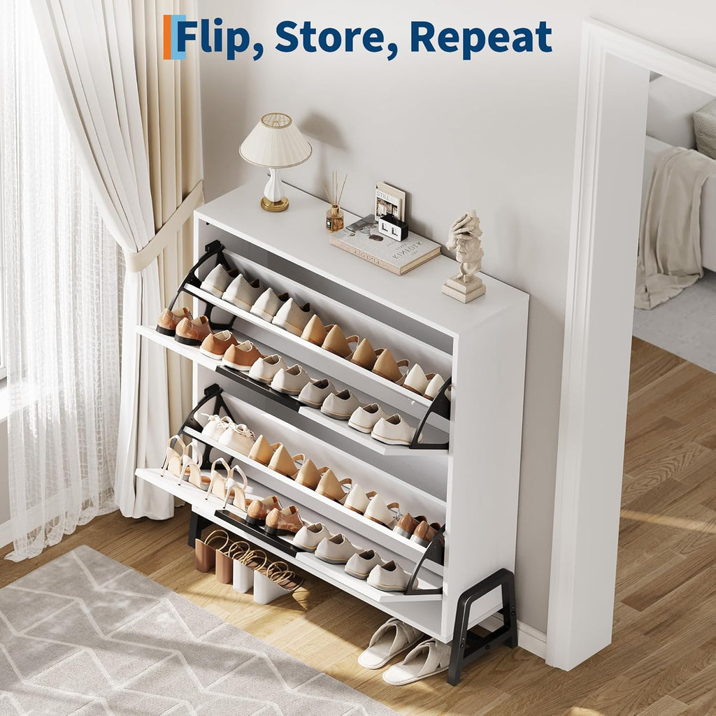 CABIHOME Shoe Storage Cabinet with 2 Flip Drawers, Freestanding Shoe Organizer with Metal Legs, Adjustable Shelf Narrow Shoe Rack Cabinet for Entryway, Hallway, Living Room, White