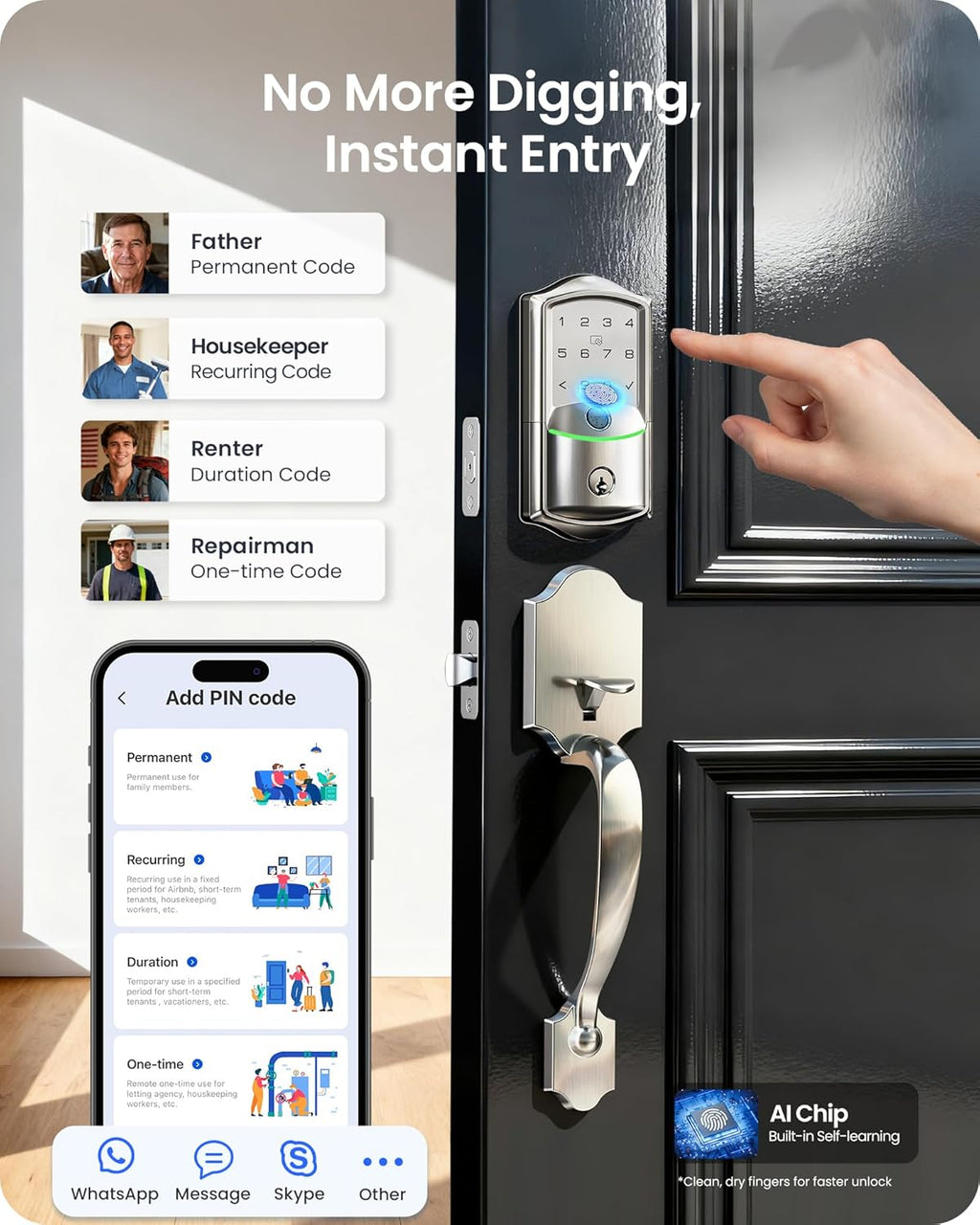 Veise VE027-H WiFi Fingerprint Smart Deadbolt Lock with Handleset, App Remote Control, Keyless Entry Front Door Lock Set, Built-in Wi-Fi, Touchscreen Keypad, Auto-Lock, Easy Setup, Satin Nickel