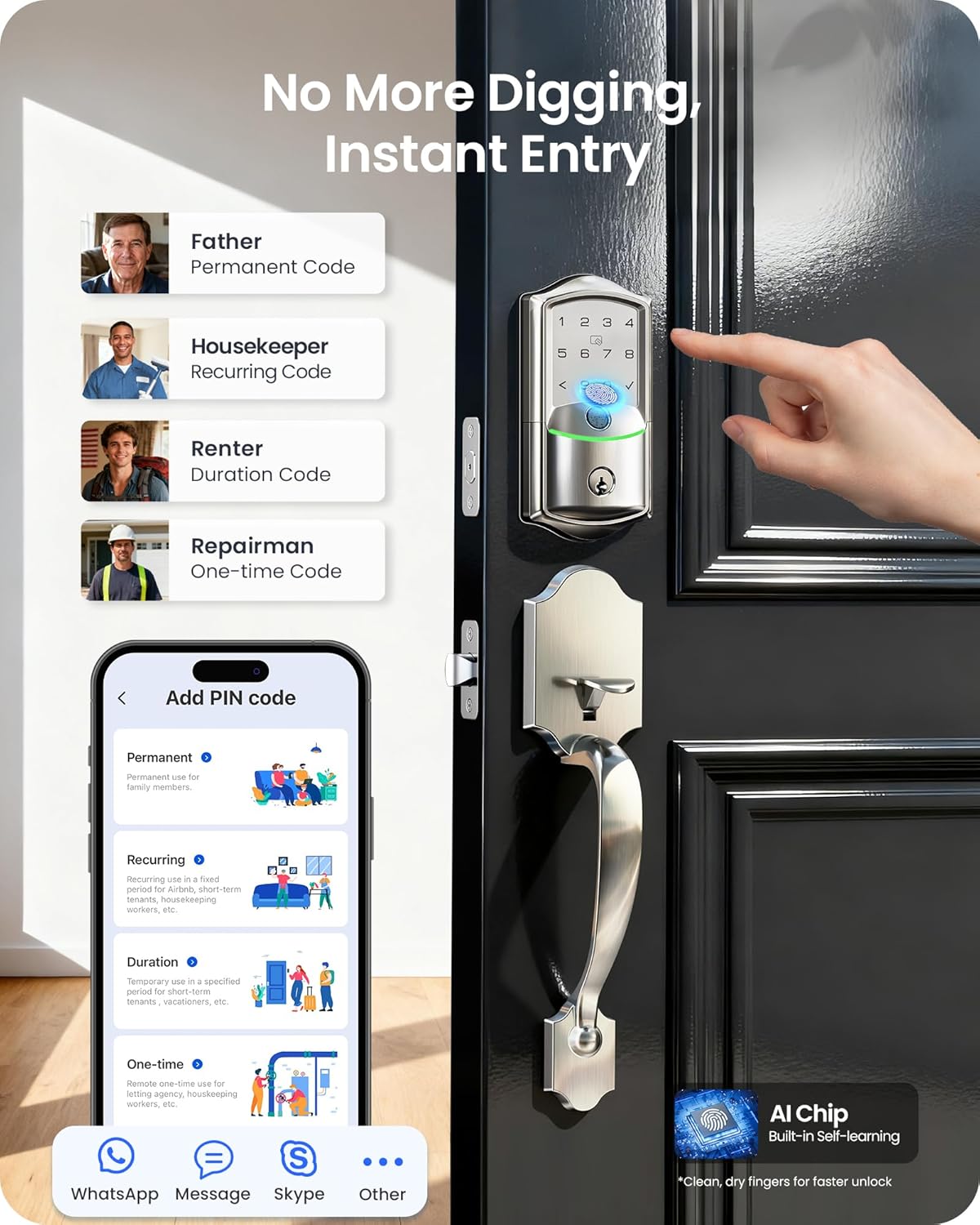 Veise VE027-H WiFi Fingerprint Smart Deadbolt Lock with Handleset, App Remote Control, Keyless Entry Front Door Lock Set, Built-in Wi-Fi, Touchscreen Keypad, Auto-Lock, Easy Setup, Satin Nickel