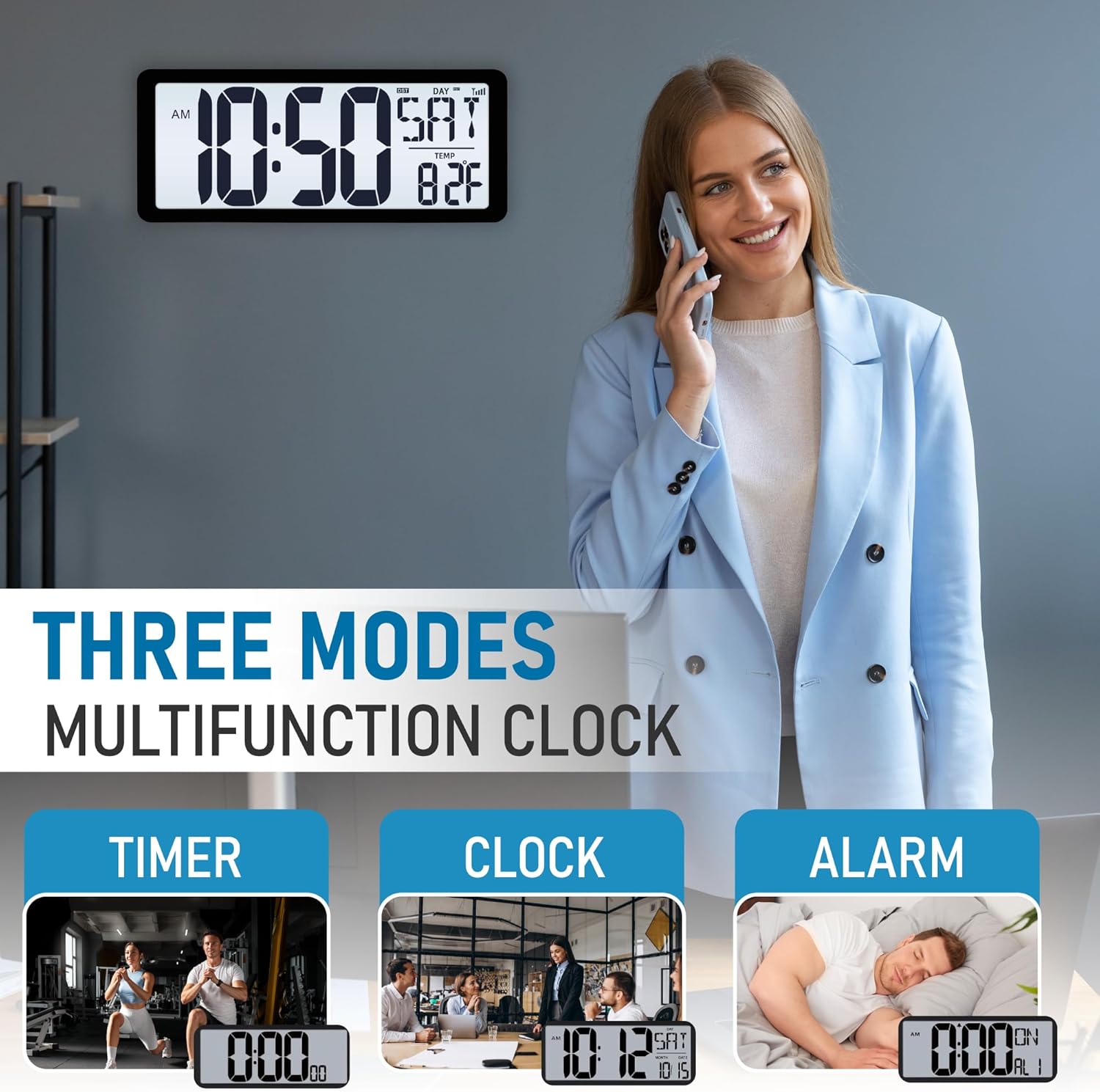 TXL Atomic Clock with Backlight, 14.2" Large Digital Wall Clock Battery Operated, Digital Clock Large Display with Day, Date & Temperature, Large Wall Clock for Bedroom, Livingroom, Office