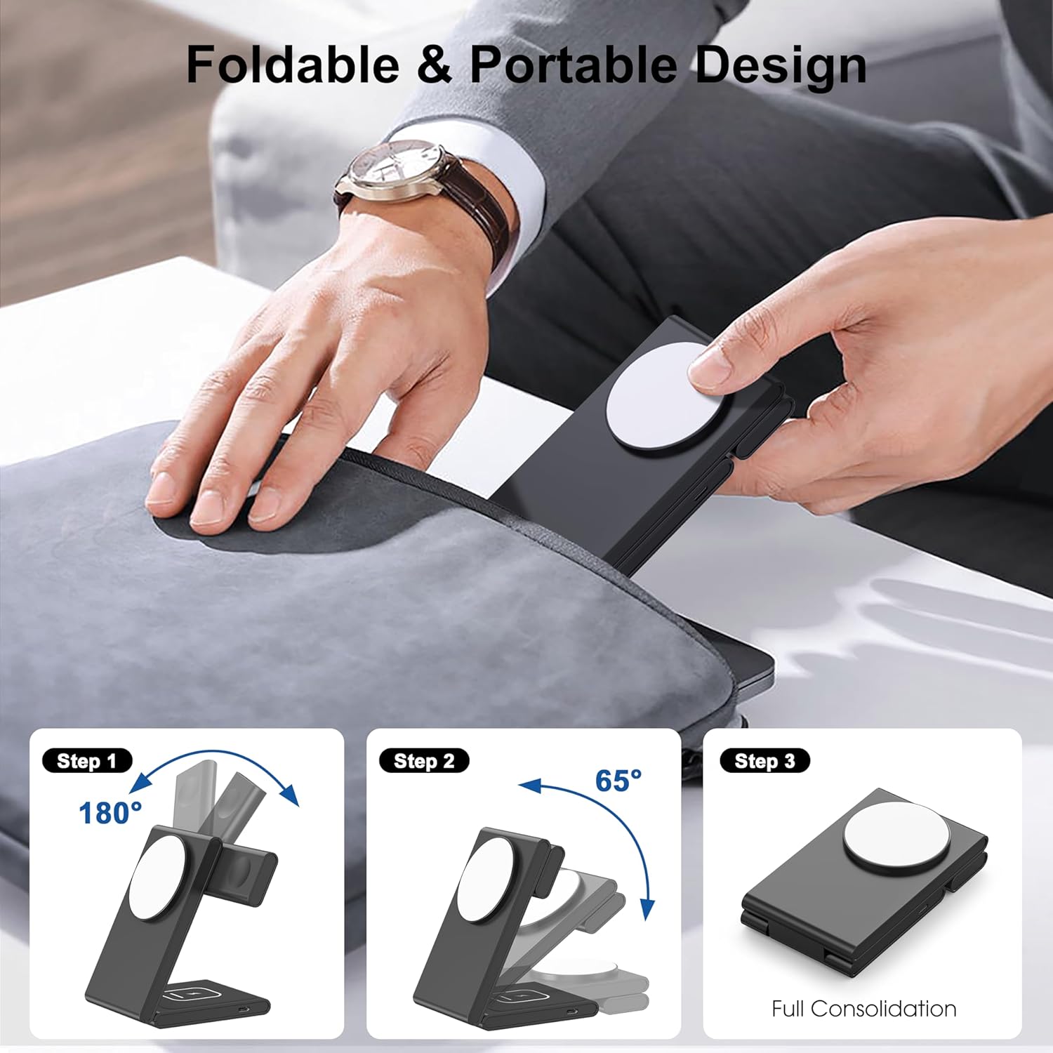 3 in 1 Wireless Charging Station for Multiple Devices, Fast Foldable Travel Mag-Safe Stand for iPhone 17/16/15/14/13 Series, Magnetic Charger for Apple Watch 11/10/Ultra 3/2/AirPods 4 with 20W Adapter