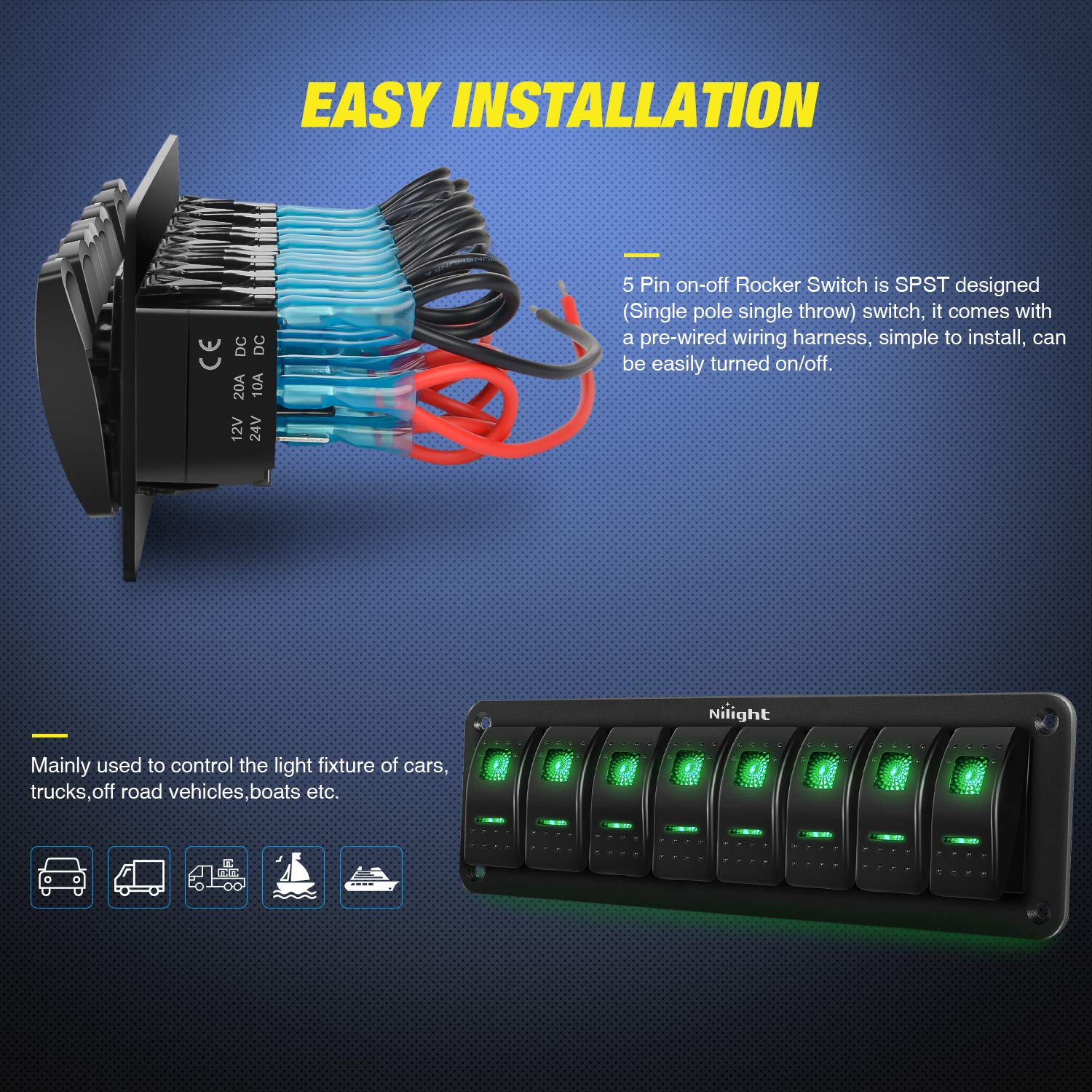 Nilight 8 Gang Rocker Switch Panel 5Pin On Off Toggle Switch Aluminum Holder 12V 24V Dash Pre-Wired Green Backlit Switches for Automotive Cars Marine Boats RVs Truck, 2 Years Warranty