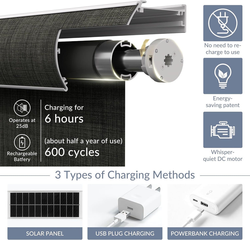 Boolegon Motorized Roller Blinds - 100% Blackout Smart Electric Shades with Remote, Compatible with Alexa/Google Home/HomeKit via Hub, Easy Install for Home Office, Dark Grey, Custom Size.