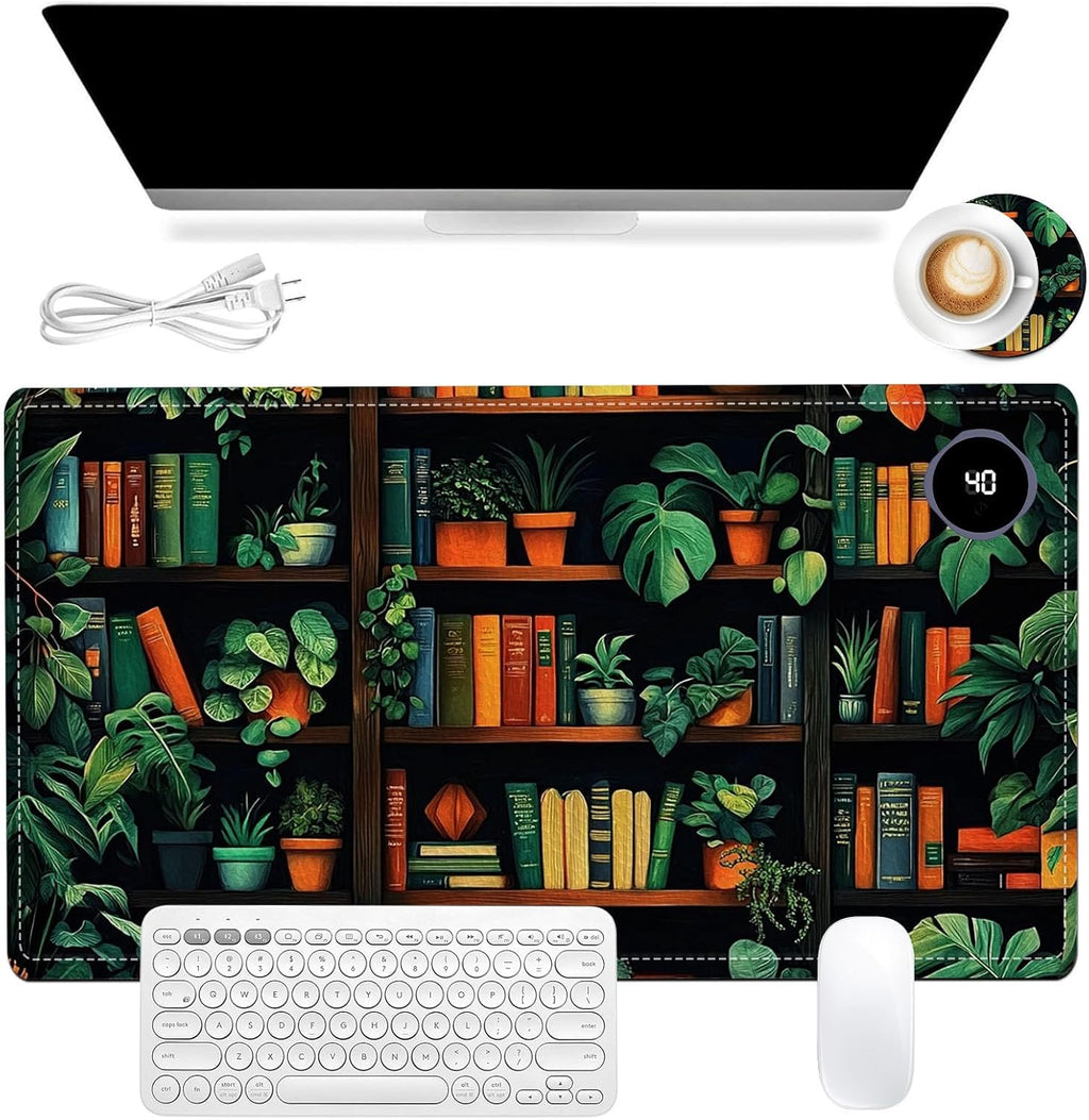 Heated Mouse Pad 23.6 x 14 in 3-Temp Fast Heating Desk Mat with Auto Timer Warmer for Hands Wrist Pain Relief Waterproof Keyboard Mat for Office, Gaming, Home, Bookshelf Jungle