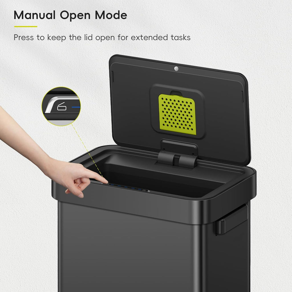 EKO Deluxe Mirage-T 50 Liter / 13.2 Gallon Touchless Rectangular Motion Sensor Trash Can, Matte Black Stainless Steel Finish