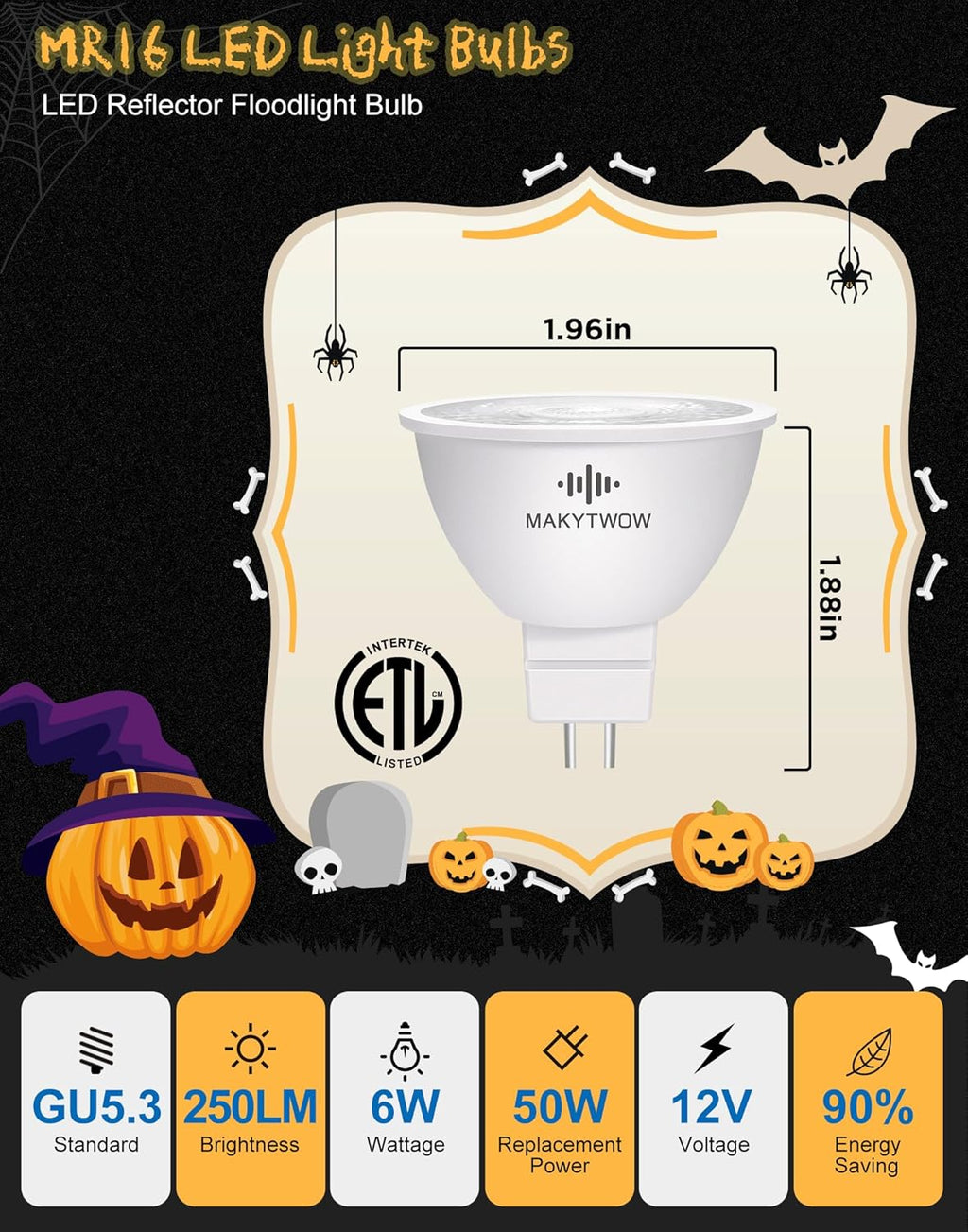 Orange MR16 GU5.3 Led Bulbs, Bi-pin Base LED Spotlights 12V LED Bulbs for Christmas Holiday Decoration Outdoor Landscape Lighting, 6Pack