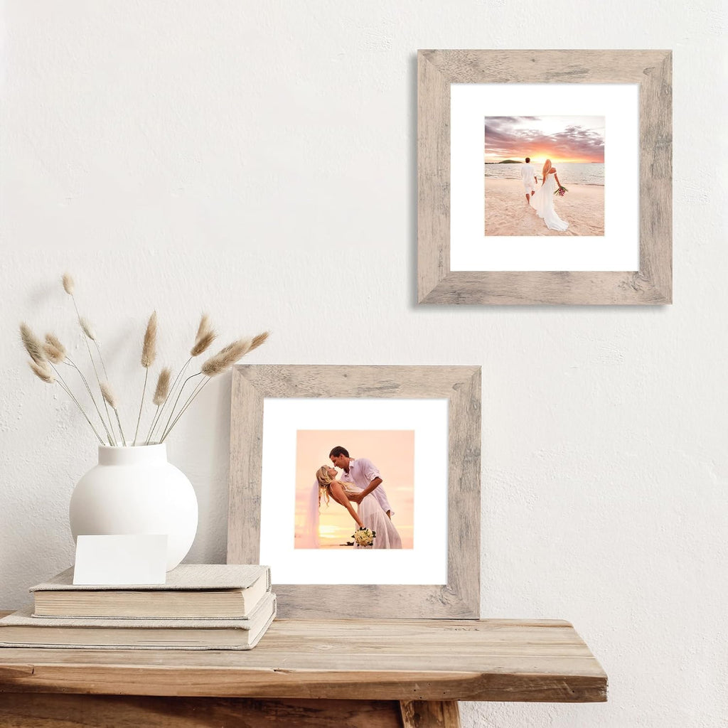 iRahmen 6x6 Picture Frame Set of 4 with High Definition Glass, Smoke Gray Frame Display 4x4 Pictures with Mat or 6 x 6 Without Mat, Wood Square Photo Frame for Wall Mount and Tabletop Display