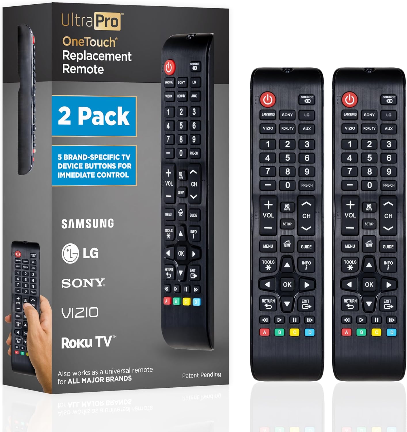 UltraPro OneTouch Universal Remote Replacement Compatible for All Samsung, LG, Sony, Vizio and Roku TV Smart TV, LED, LCD, HDTV, 3D, Series TV, 2 Pack, Black, 84254
