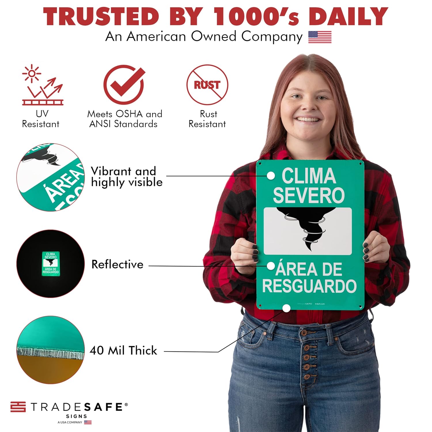 TRADESAFE Severe Weather Shelter Area Sign - Clima Severo, Área De Resguardo Spanish Sign, Quick Install, Light Reflective, UV-Resistant, Waterproof, 10” X 14” Aluminum Safety Signs