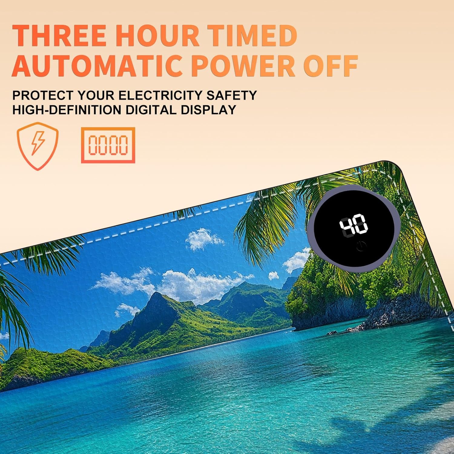 Heated Mouse Pad 23.6 x 14 in 3-Temp Fast Heating Desk Mat with Auto Timer Warmer for Hands Wrist Pain Relief Waterproof Keyboard Mat for Office, Gaming, Home, Tropical Paradise Beach