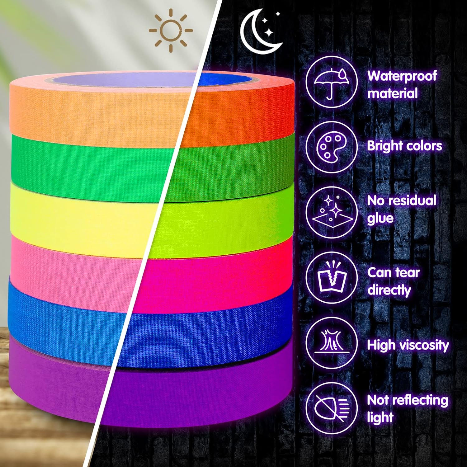 Whaline 6 Colors Neon Gaffer Cloth Tape, Fluorescent UV Blacklight Tape for UV Party (0.6 inch x 60 feet)