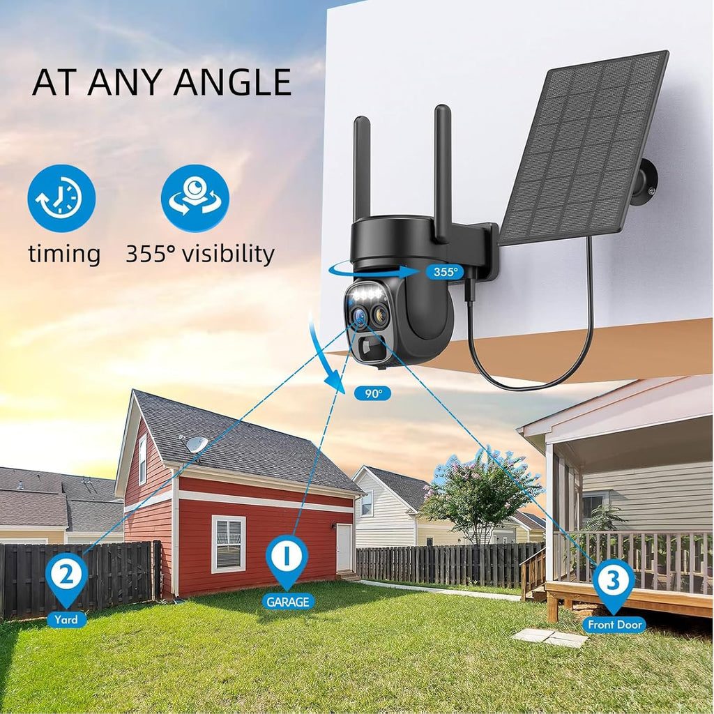 Hawkray Pannel Solar Wireless Outdoor Security Camera， Dual-Lens, 10xZoom, 2K Resolution 3MP 360°Pan/Tilt，2.4&5G WiFi Battery Powered Camera with Spotlight Alarm PIR Motion Detection