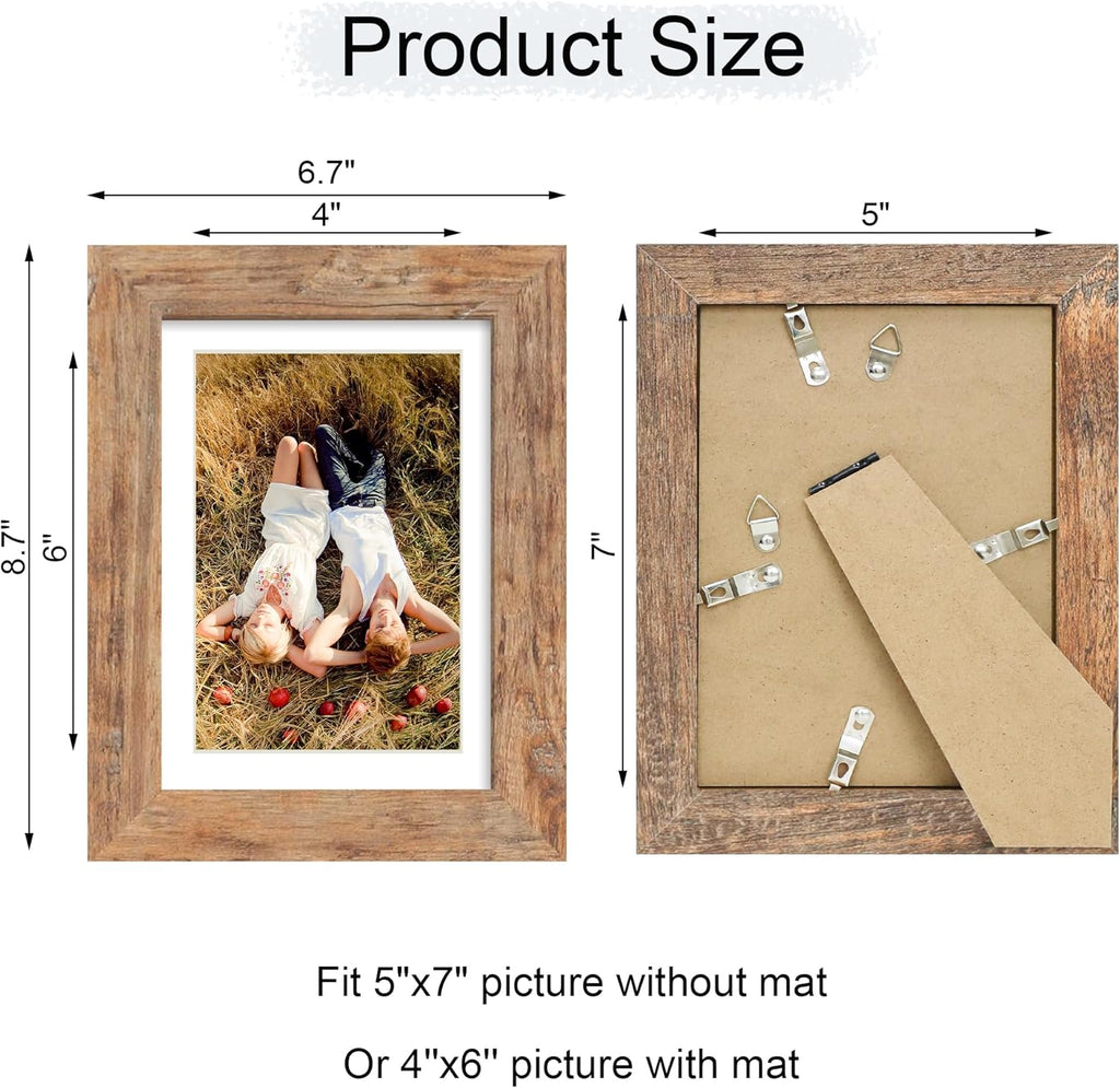 iRahmen 5x7 Picture Frame with HD Tempered Glass, Display Pictures 4x6 with Mat or 5 x 7 Without Mat, Wood Photo Frame for Tabletop and Wall (Rustic Brown, 1 Pack)