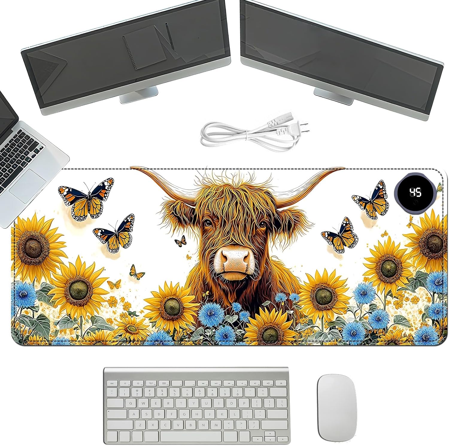 Heated Mouse Pad with 3 Temperature Settings(104°F–122°F),Large 31.5x13 Inch PU Leather Heated Desk Mat,Waterproof Warming Pad for Office,Gaming & Cold Hands Relief,Sunflower Cow
