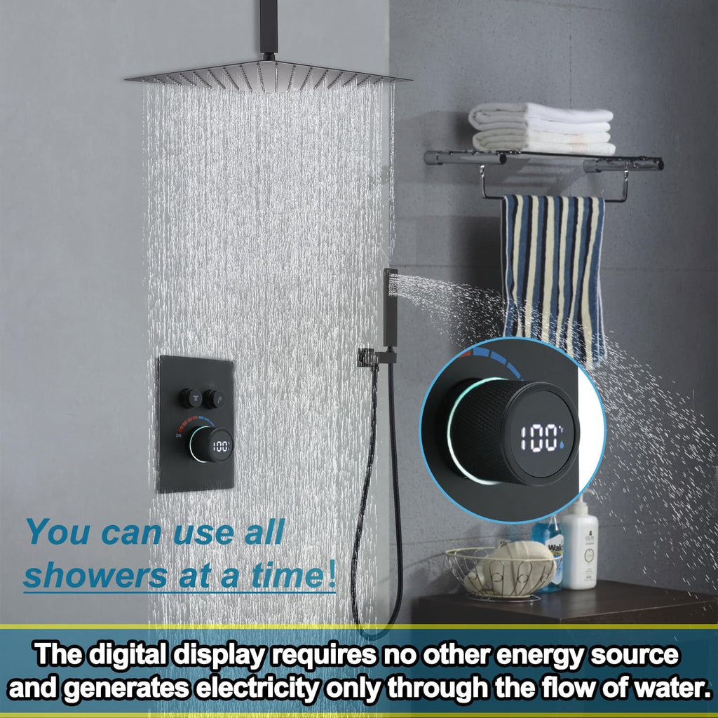 Digital Display Shower System Set 16 Inches Rain Fall Head Temperature Valve Shower Handheld Shower Head Sets for Bathroom Concealed Installation